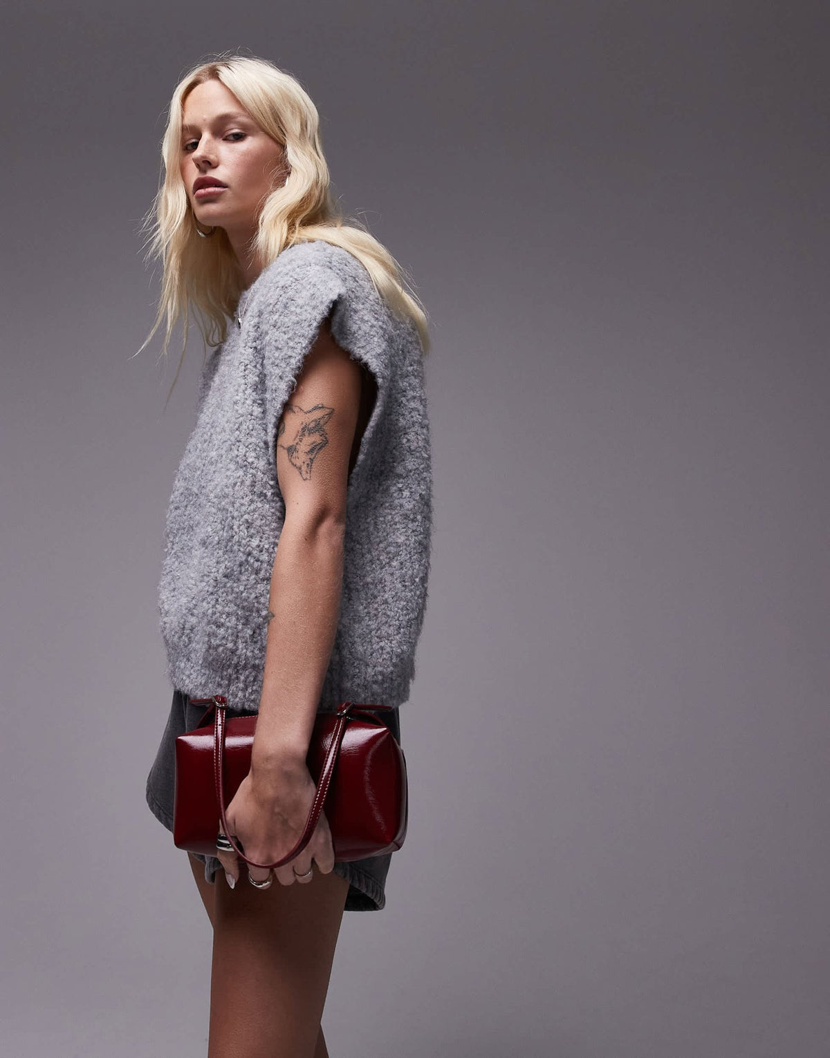 Topshop knitted crew boucle rib off shoulder relaxed vest in mid grey - ASOS Sample Sale