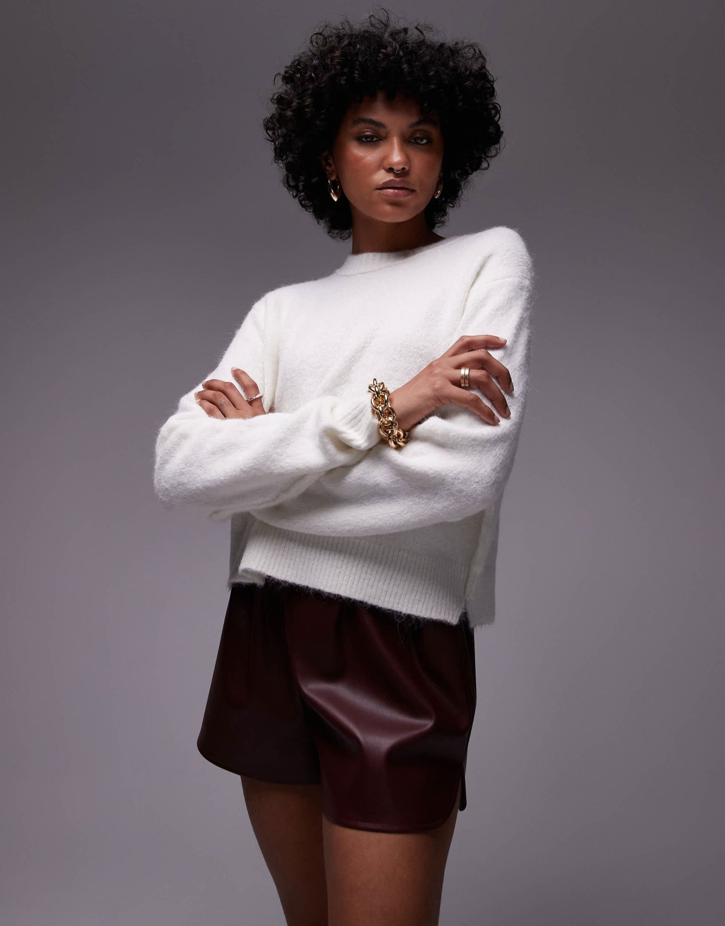Topshop knitted crew with raglan and exposed seam jumper in ivory - ASOS Sample Sale