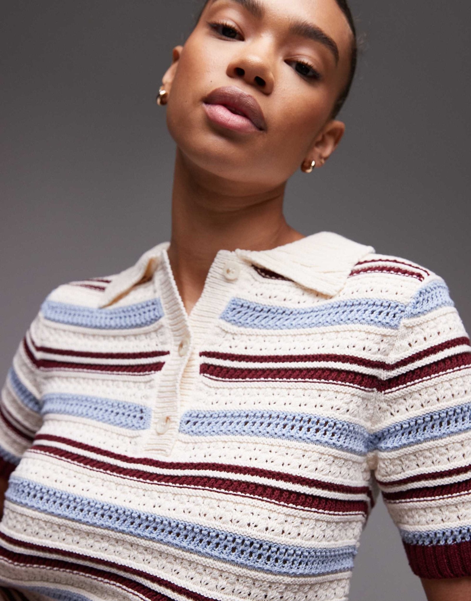 Topshop knitted crochet polo top in burgundy, blue and ecru stripe - ASOS Sample Sale