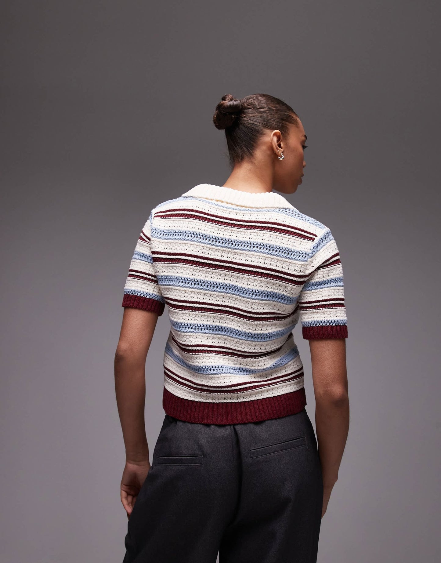Topshop knitted crochet polo top in burgundy, blue and ecru stripe - ASOS Sample Sale
