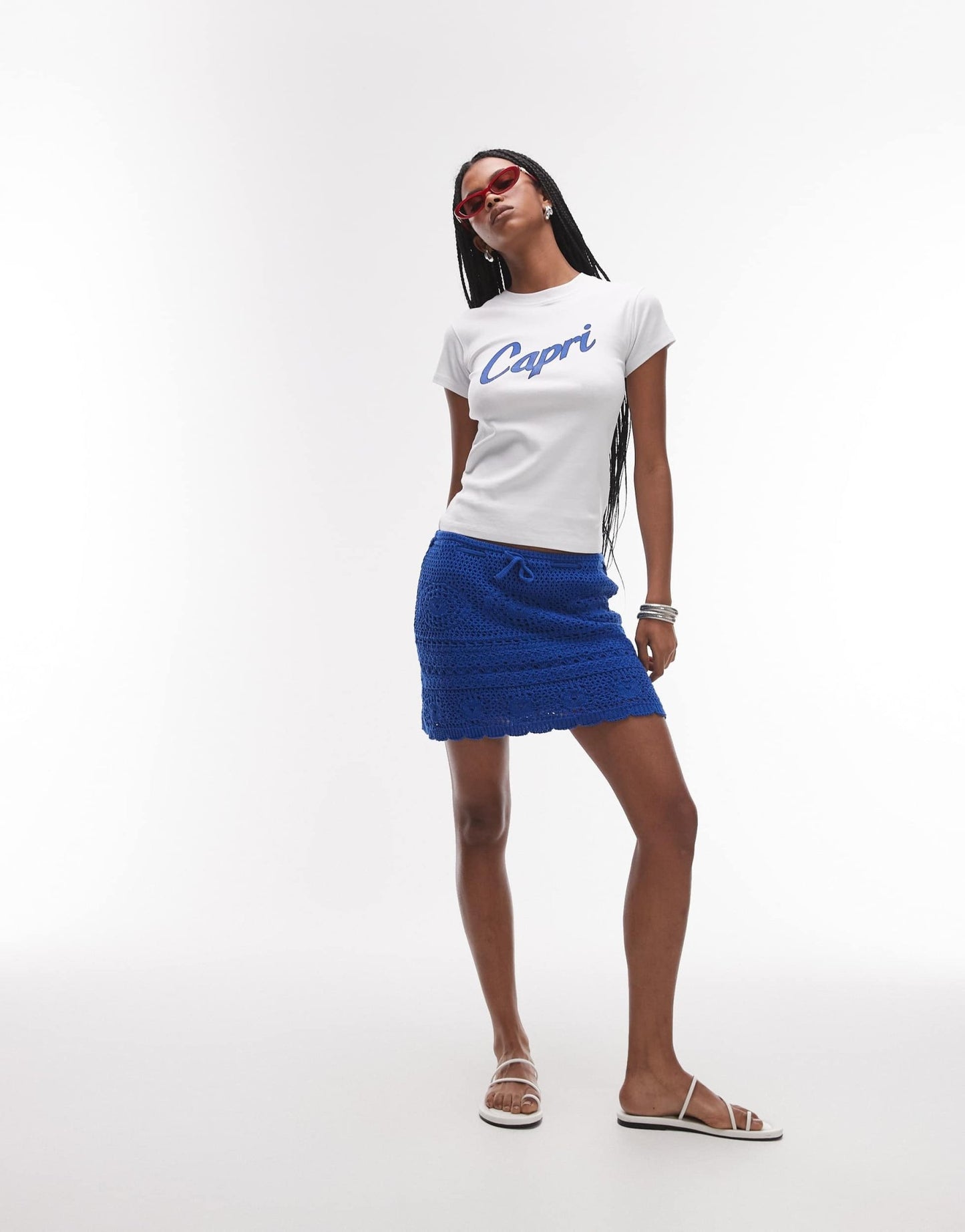 Topshop knitted crochet rara mini skirt in cobalt blue - ASOS Sample Sale