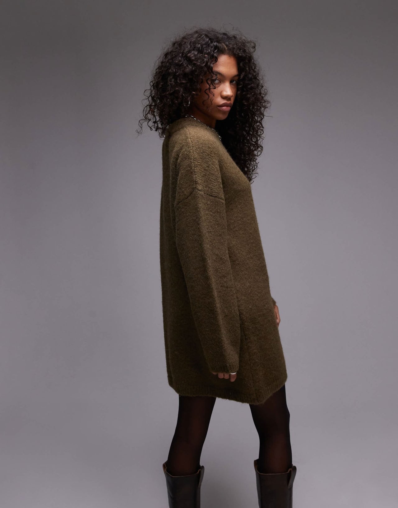 Topshop knitted fluffy crew oversized dress in khaki - ASOS Sample Sale