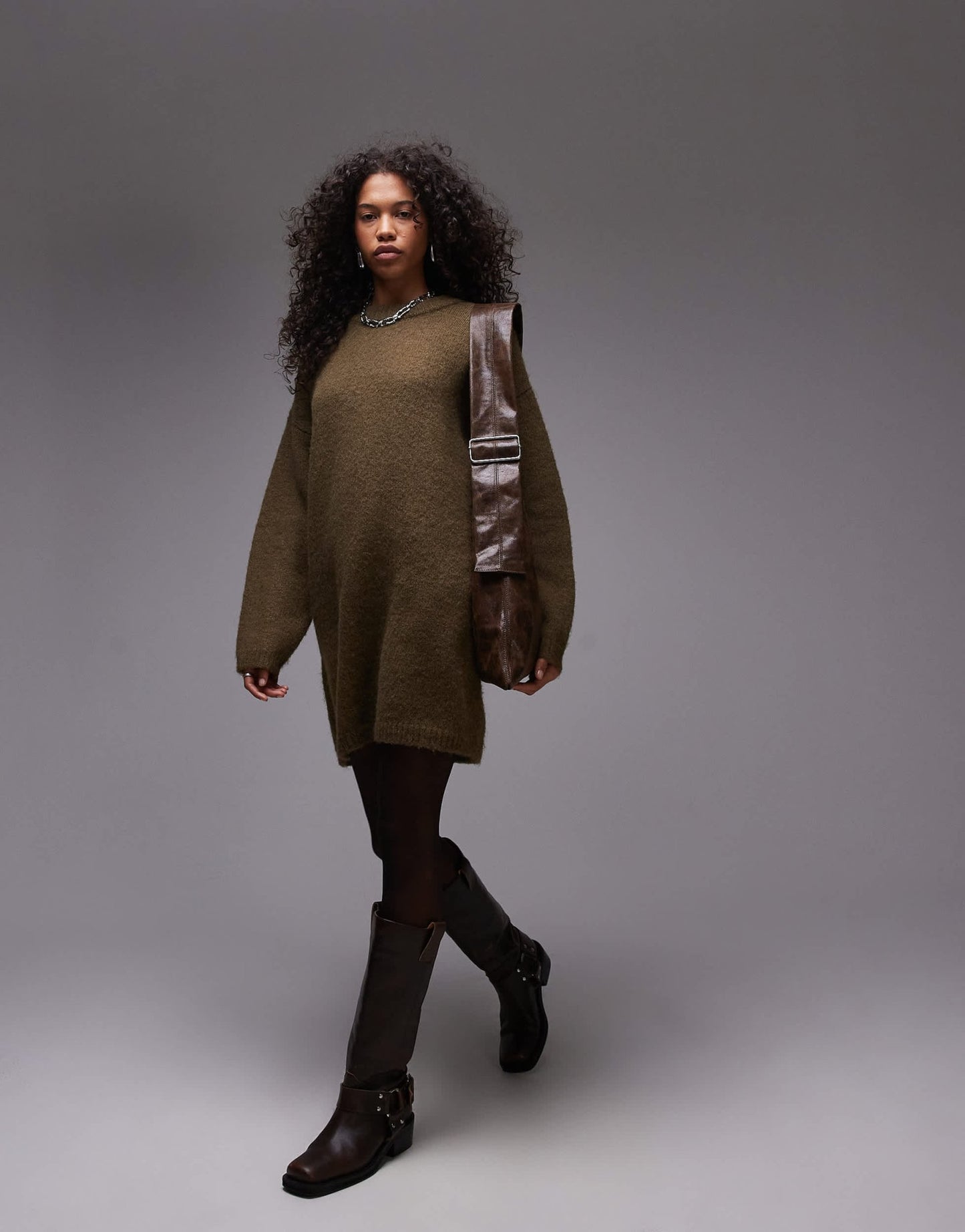 Topshop knitted fluffy crew oversized dress in khaki - ASOS Sample Sale