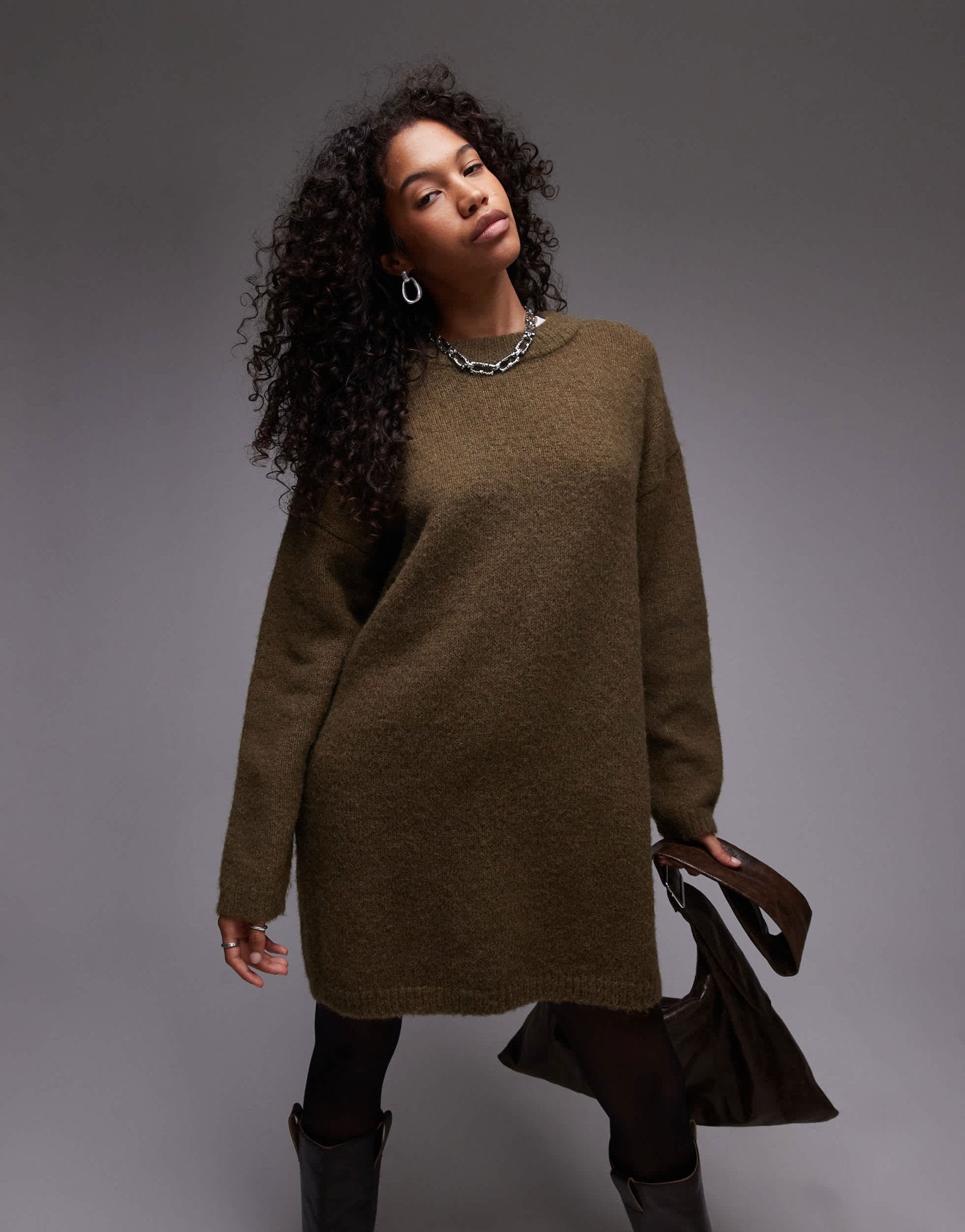Topshop knitted fluffy crew oversized dress in khaki - ASOS Sample Sale
