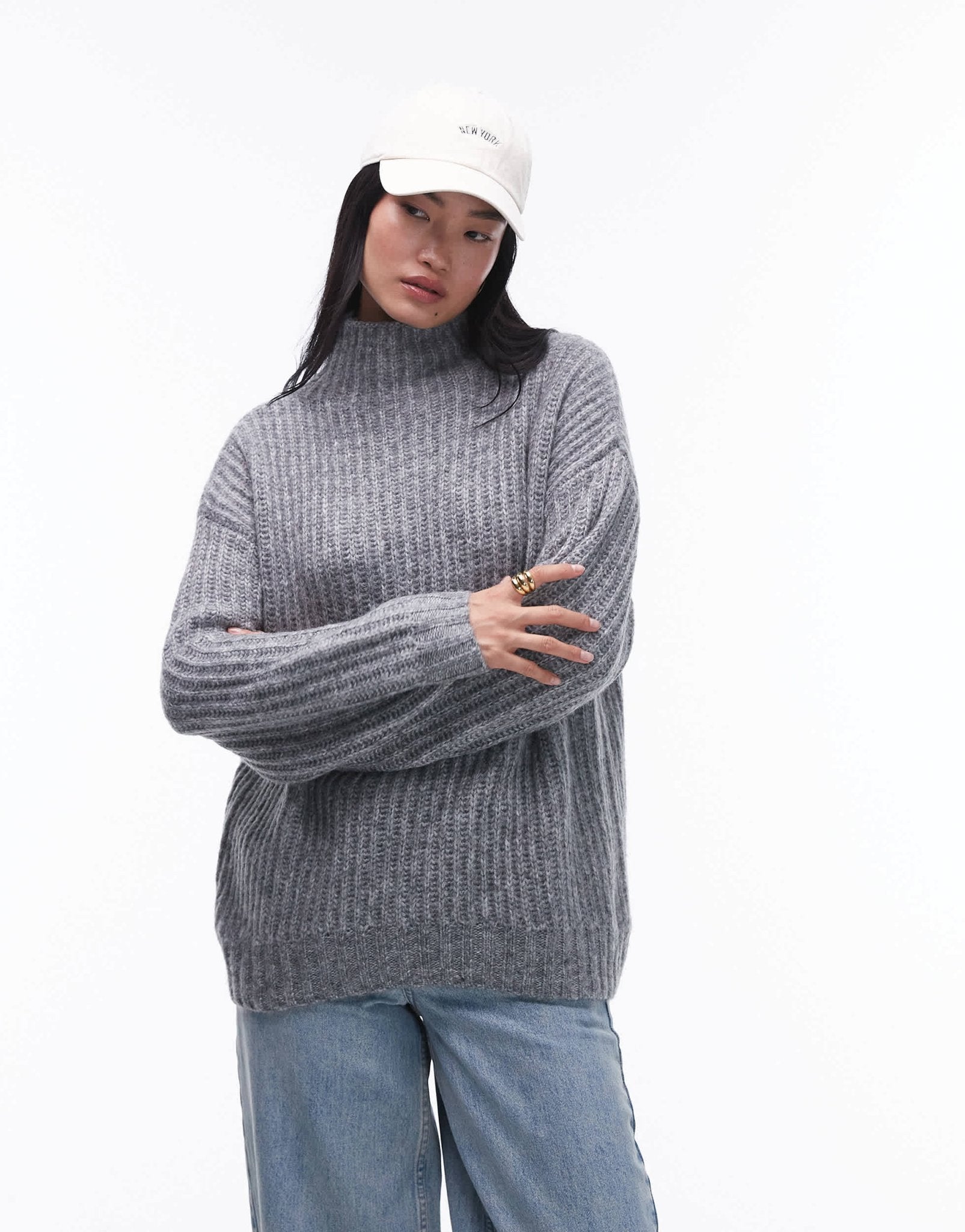 Topshop knitted fluffy high neck oversized jumper in grey - ASOS Sample Sale