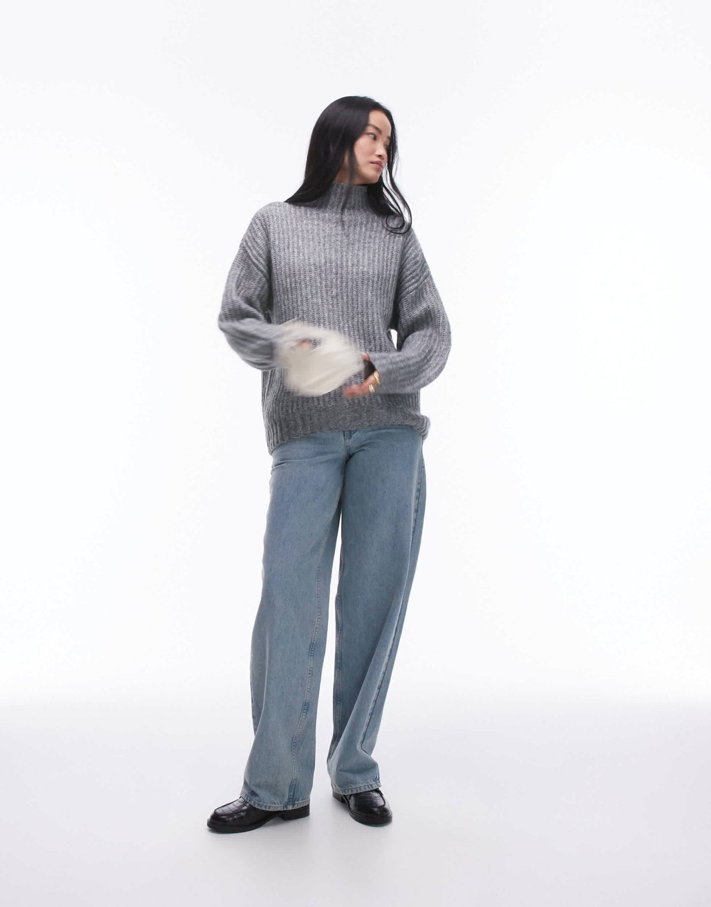 Topshop knitted fluffy high neck oversized jumper in grey - ASOS Sample Sale