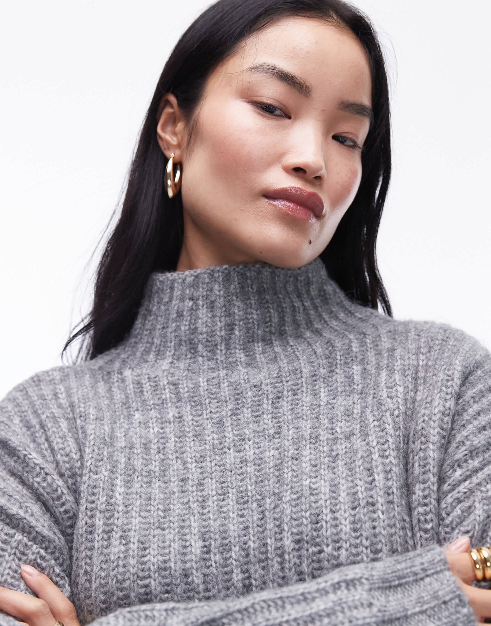 Topshop knitted fluffy high neck oversized jumper in grey - ASOS Sample Sale