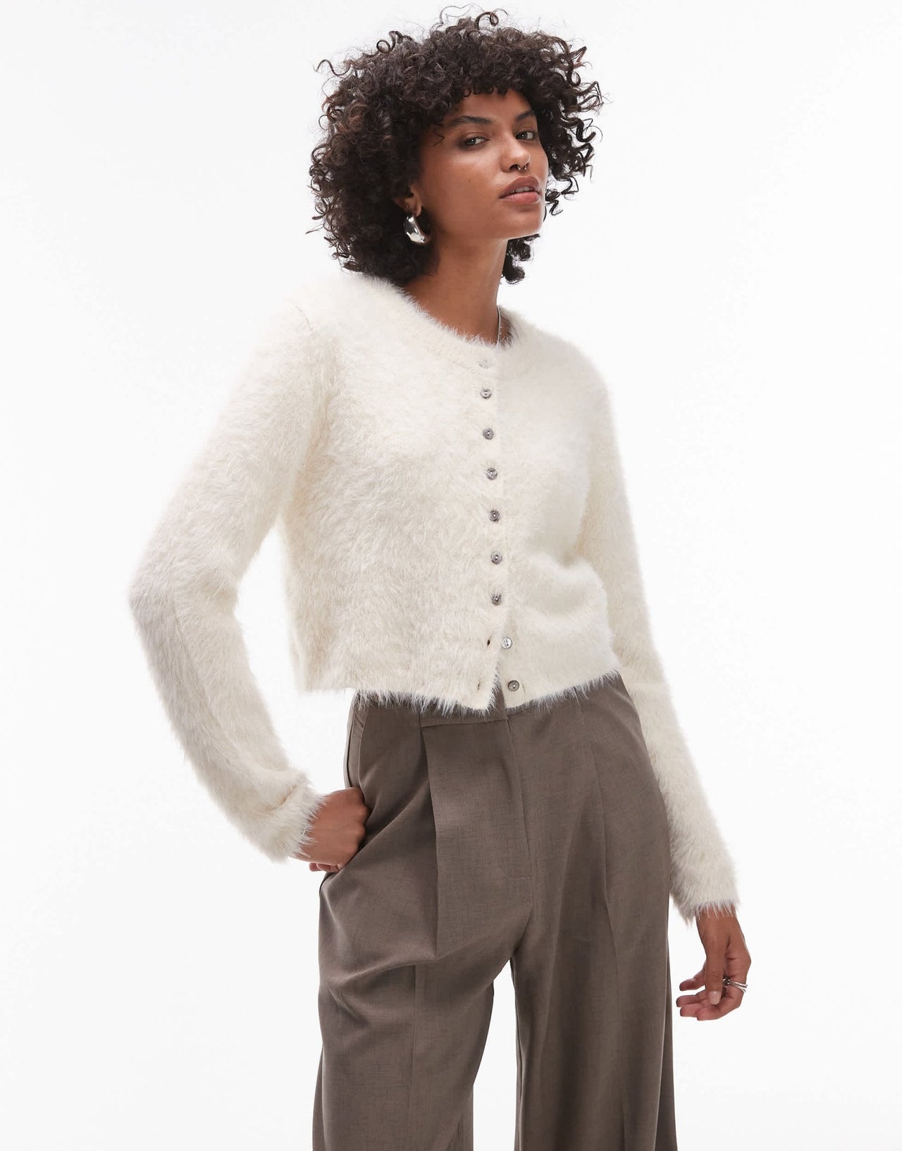 Topshop knitted fluffy micro cardi in ivory - ASOS Sample Sale