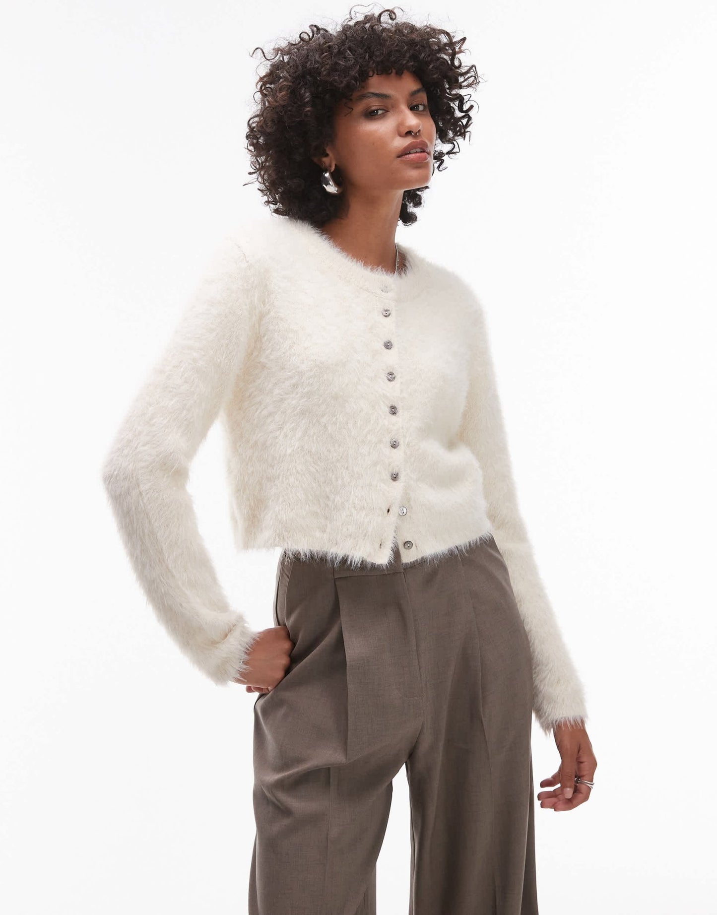 Topshop knitted fluffy micro cardi in ivory - ASOS Sample Sale