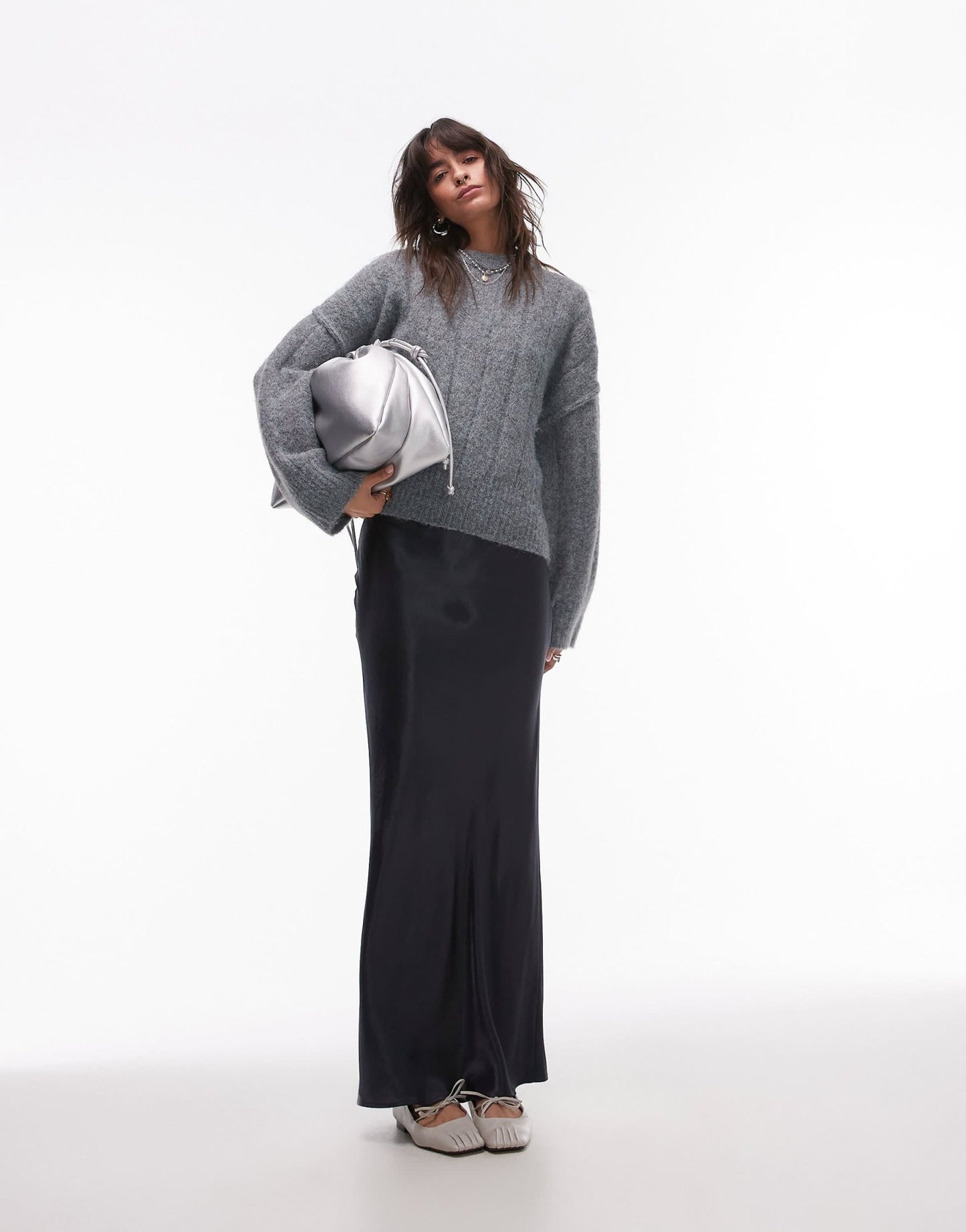 Topshop knitted fluffy rib oversized crew jumper in grey - ASOS Sample Sale