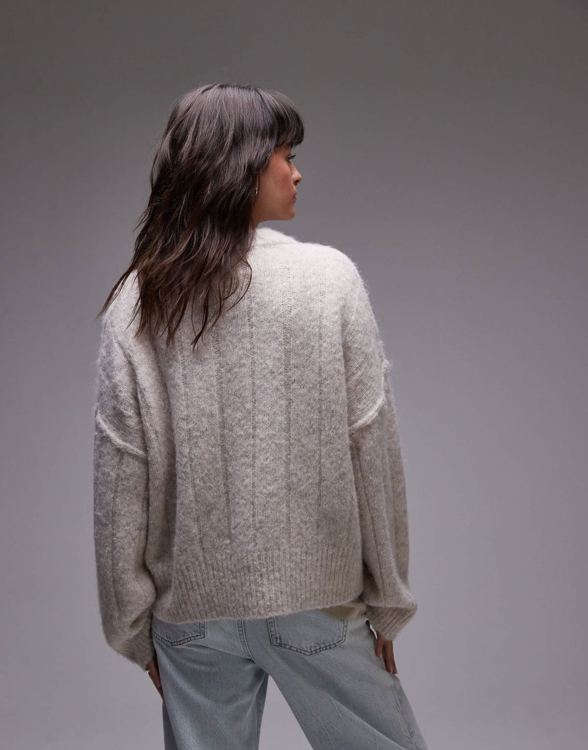 Topshop knitted fluffy rib oversized crew jumper in oat - ASOS Sample Sale
