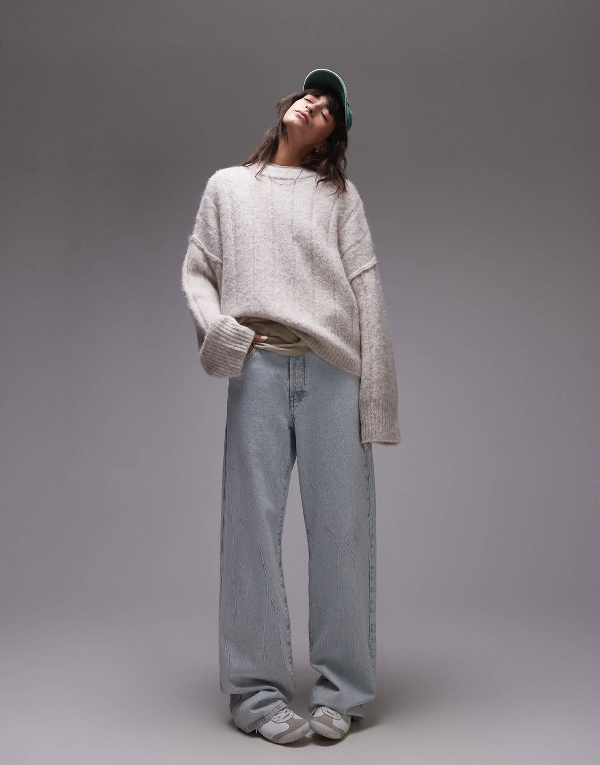 Topshop knitted fluffy rib oversized crew jumper in oat - ASOS Sample Sale