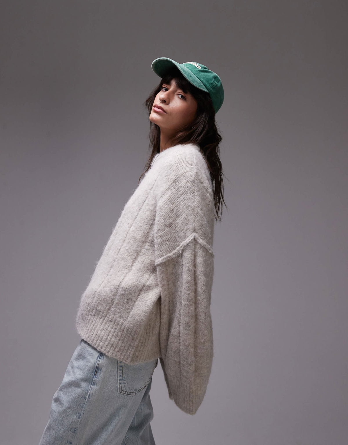 Topshop knitted fluffy rib oversized crew jumper in oat - ASOS Sample Sale