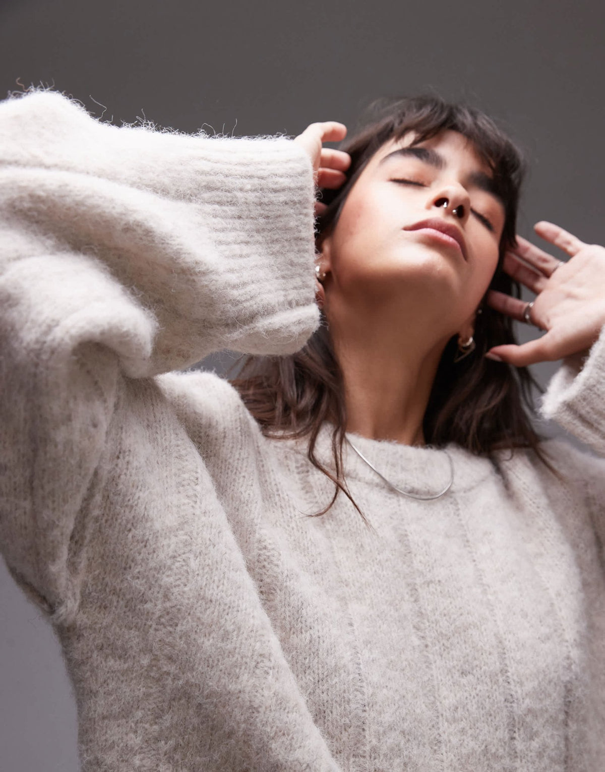 Topshop knitted fluffy rib oversized crew jumper in oat - ASOS Sample Sale