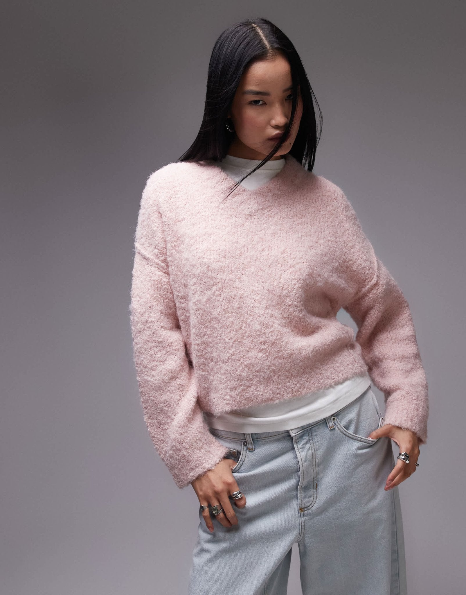 Topshop knitted high v-neck boucle jumper in pink - ASOS Sample Sale