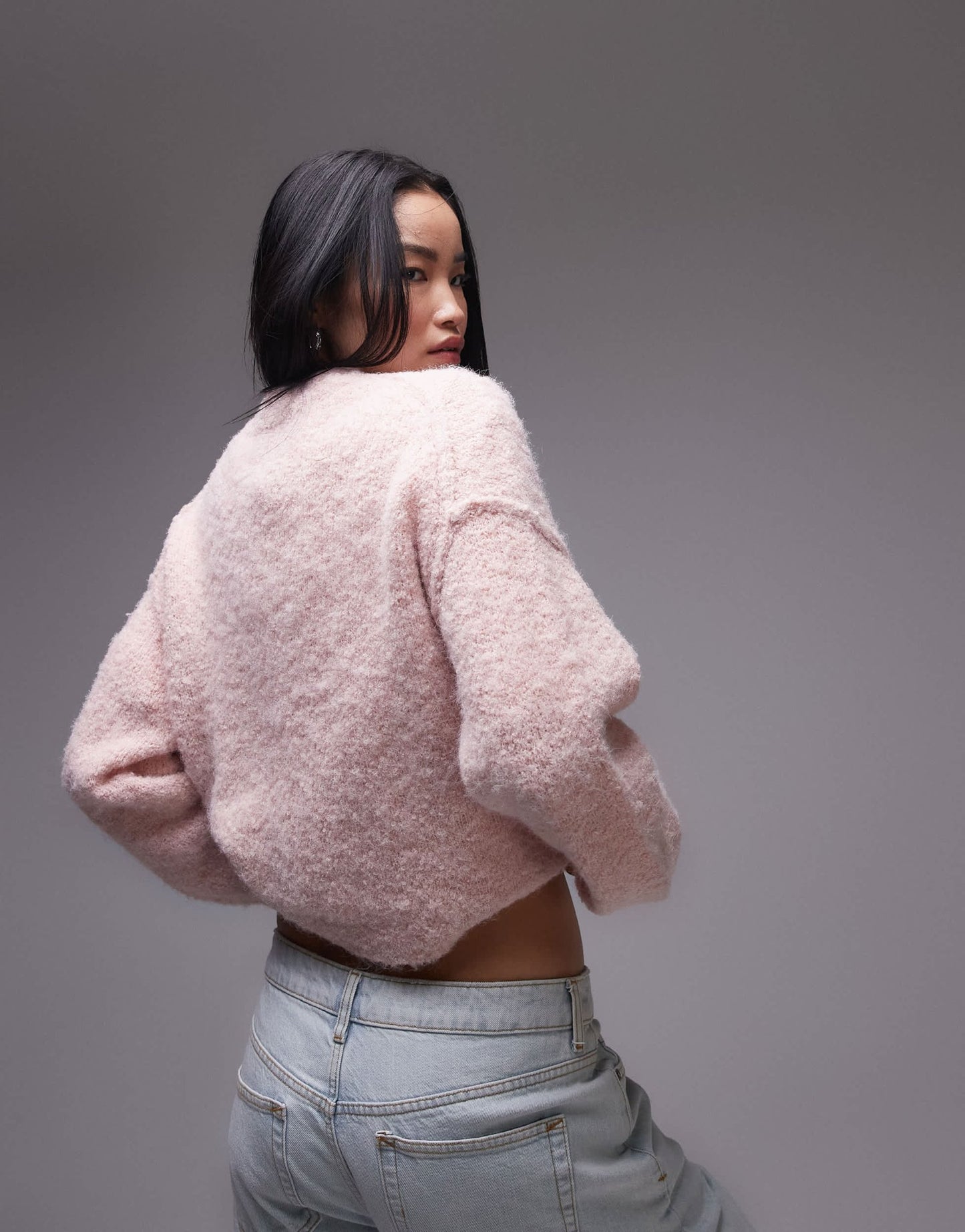 Topshop knitted high v-neck boucle jumper in pink - ASOS Sample Sale