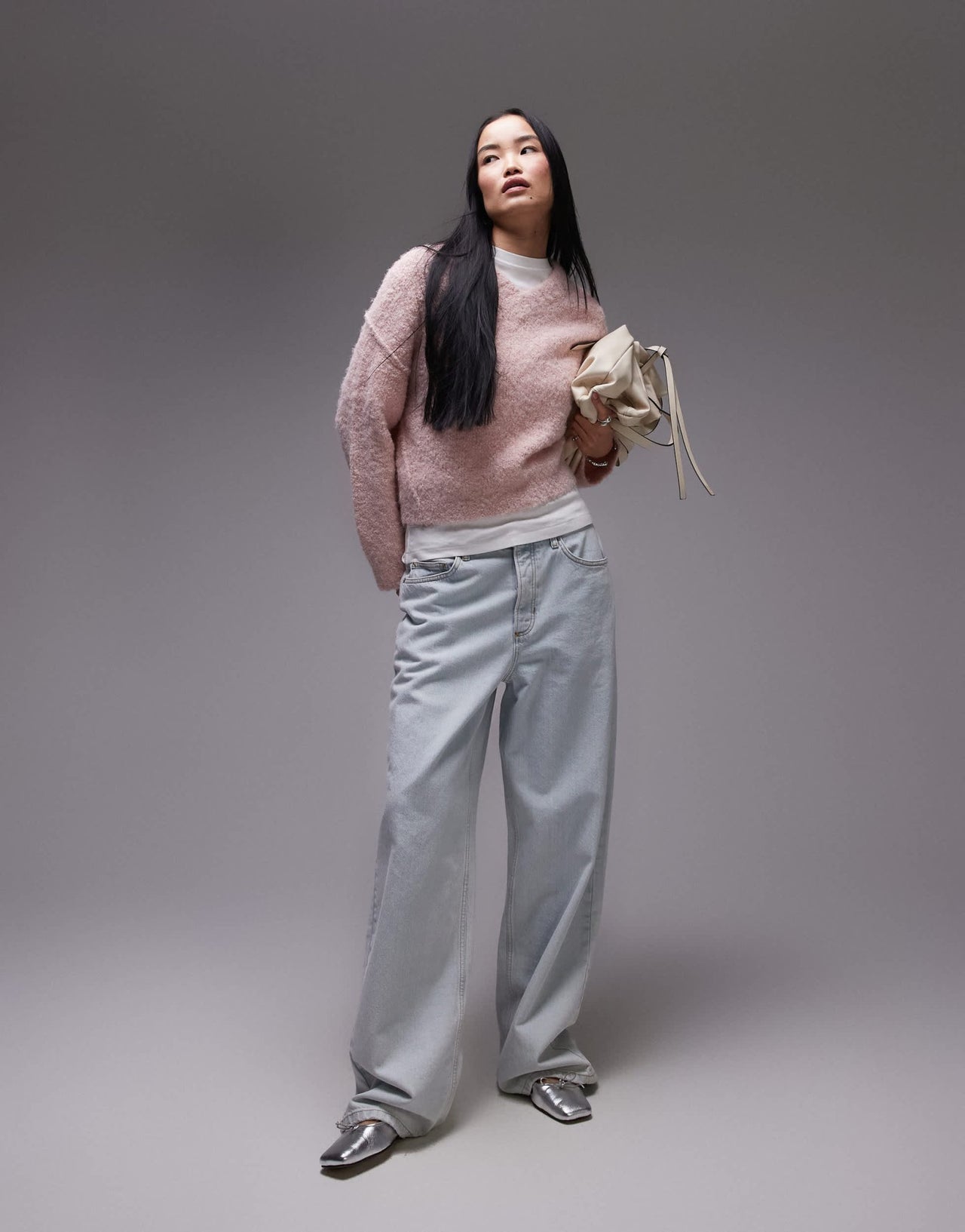 Topshop knitted high v-neck boucle jumper in pink - ASOS Sample Sale