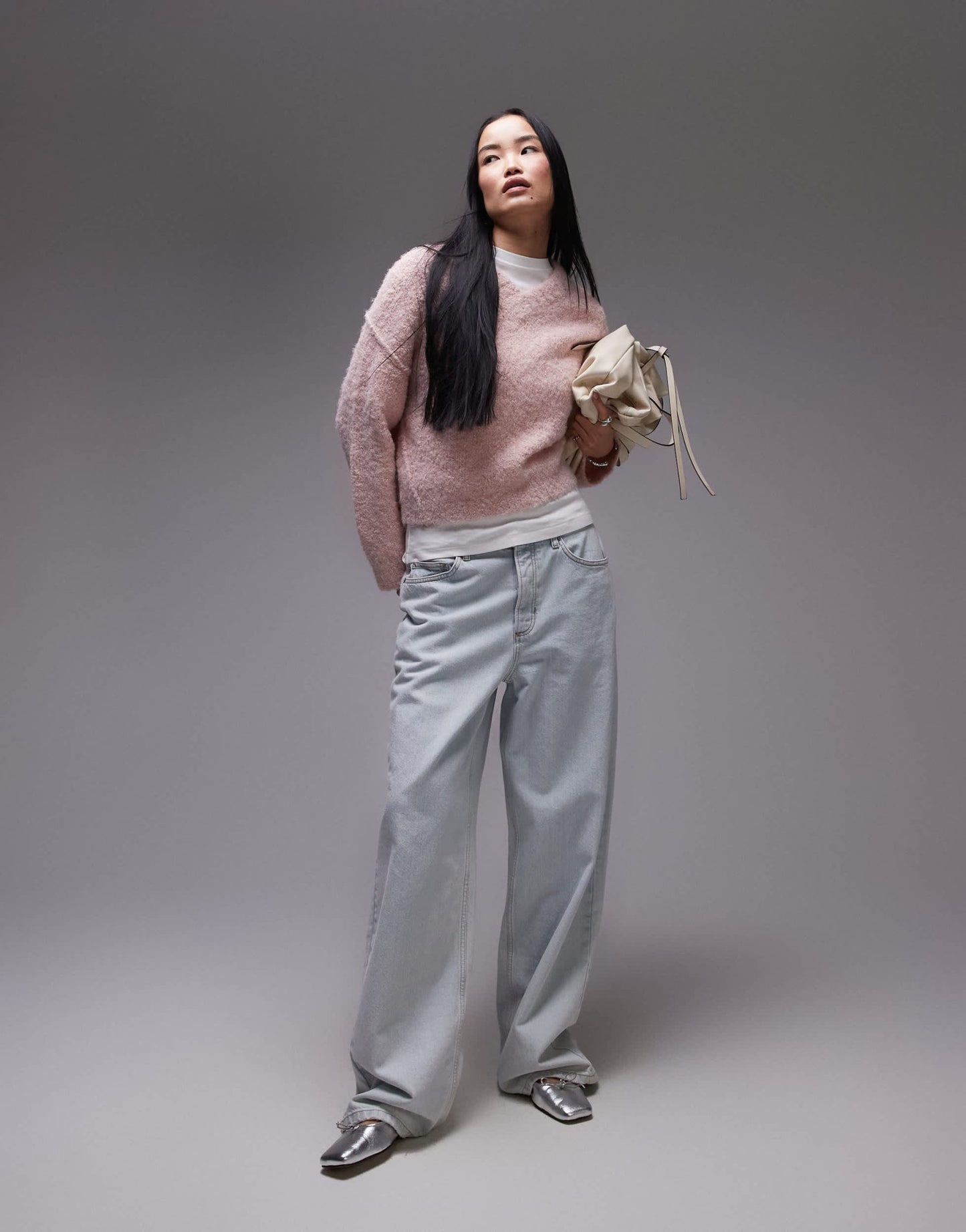 Topshop knitted high v-neck boucle jumper in pink - ASOS Sample Sale