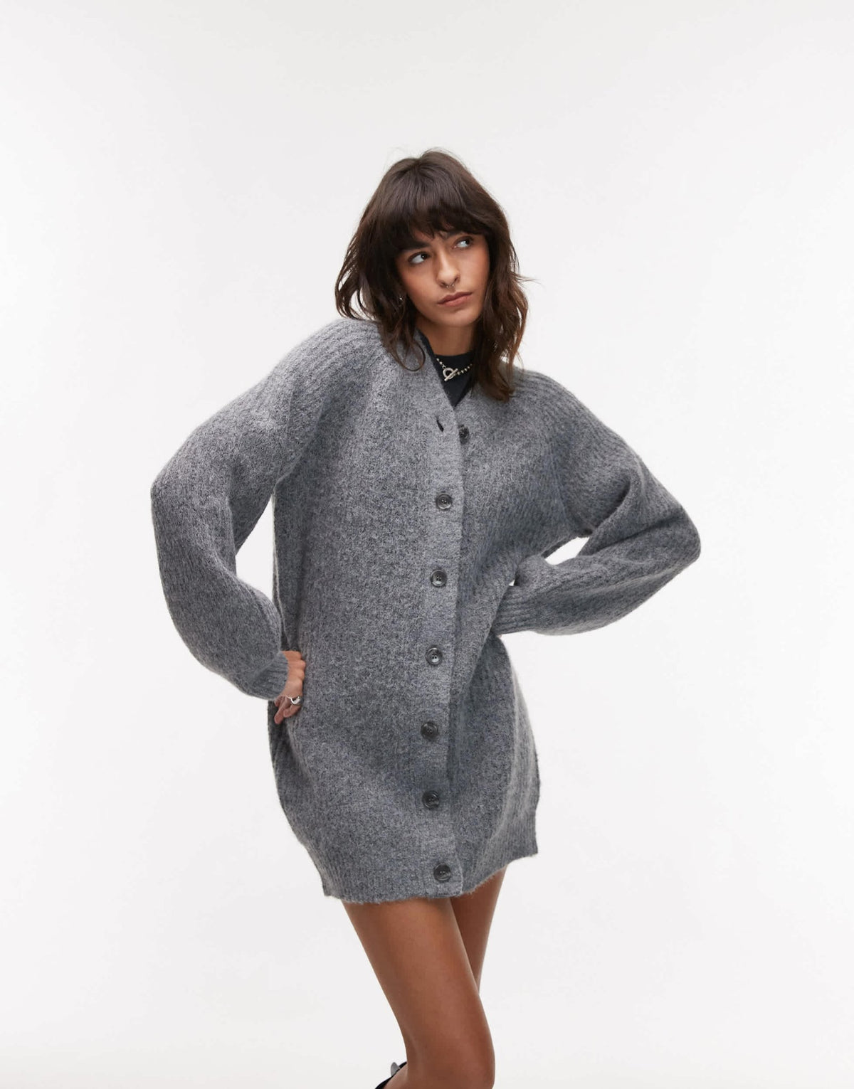 Topshop knitted high v - neck fluffy cardigan dress in charcoal - ASOS Sample Sale