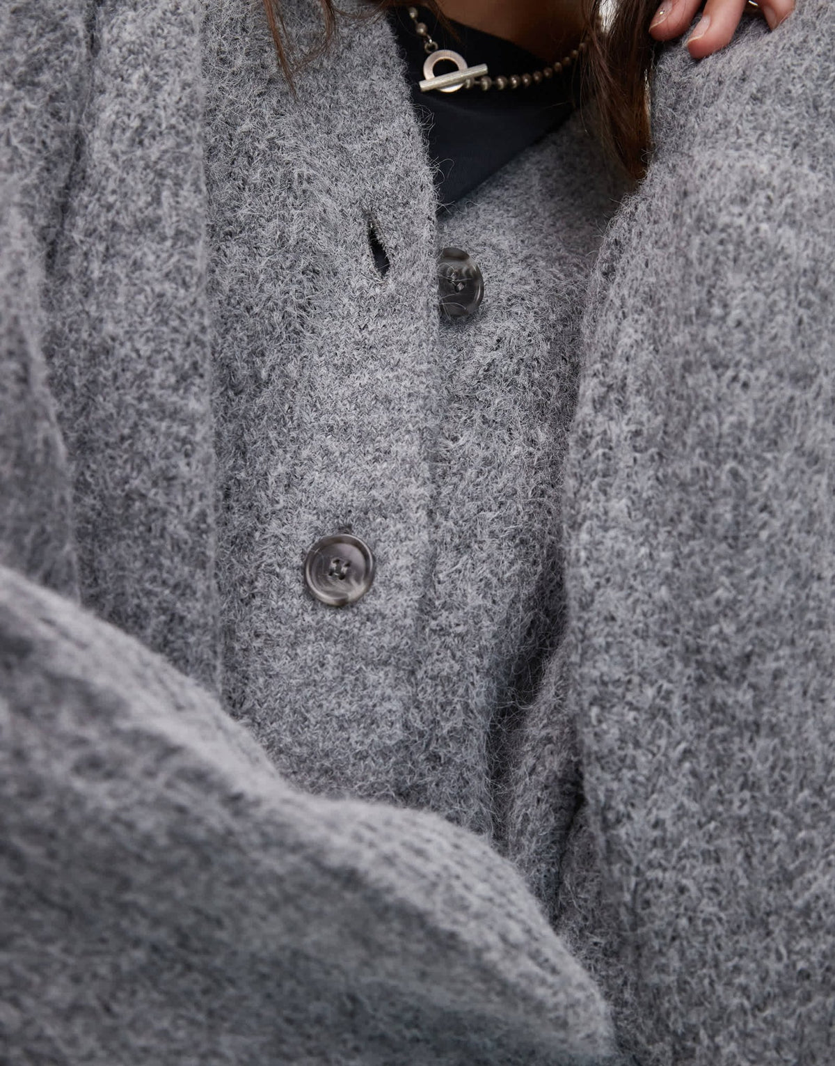 Topshop knitted high v - neck fluffy cardigan dress in charcoal - ASOS Sample Sale