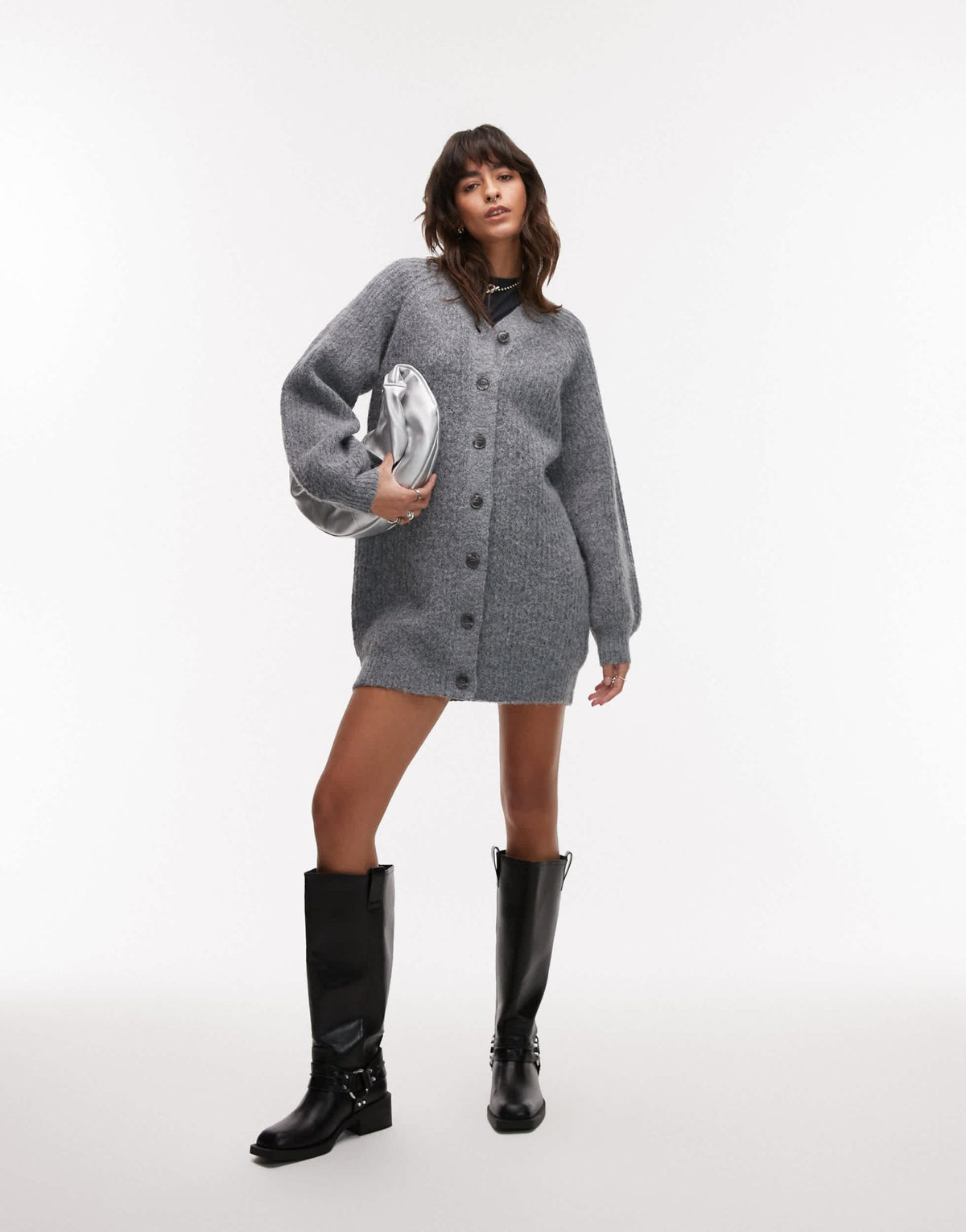 Topshop knitted high v - neck fluffy cardigan dress in charcoal - ASOS Sample Sale