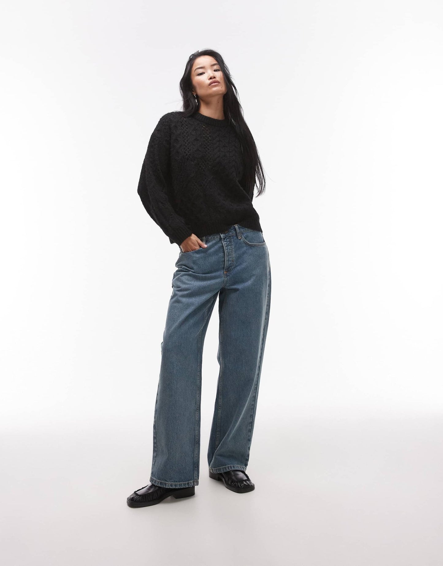 Topshop knitted lofty cable relaxed jumper in black - ASOS Sample Sale