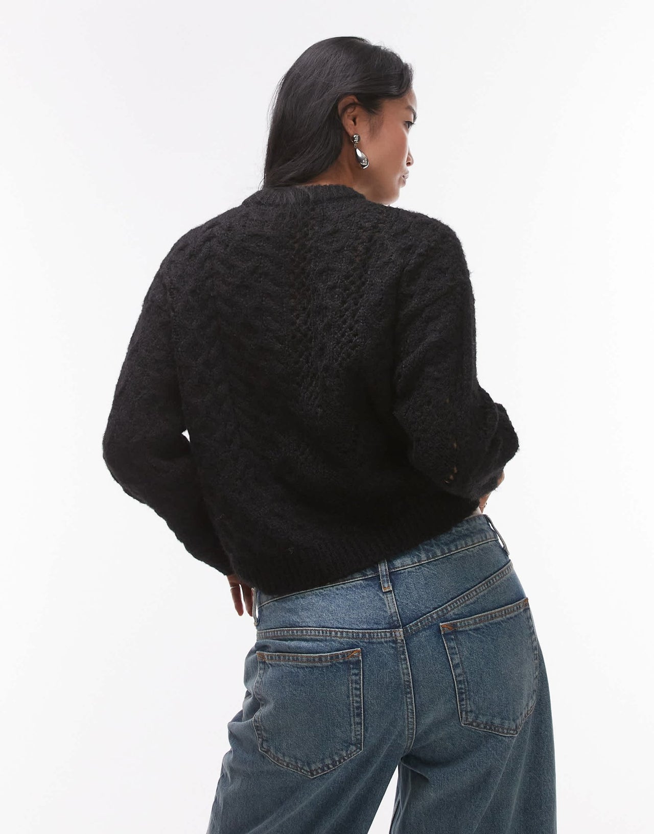 Topshop knitted lofty cable relaxed jumper in black - ASOS Sample Sale