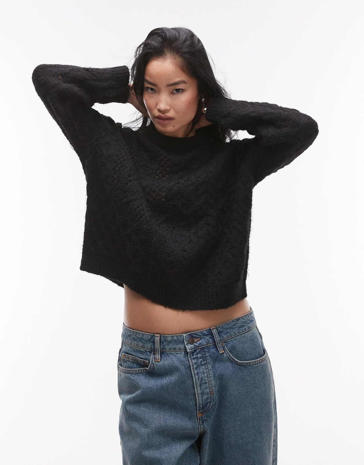 Topshop knitted lofty cable relaxed jumper in black - ASOS Sample Sale