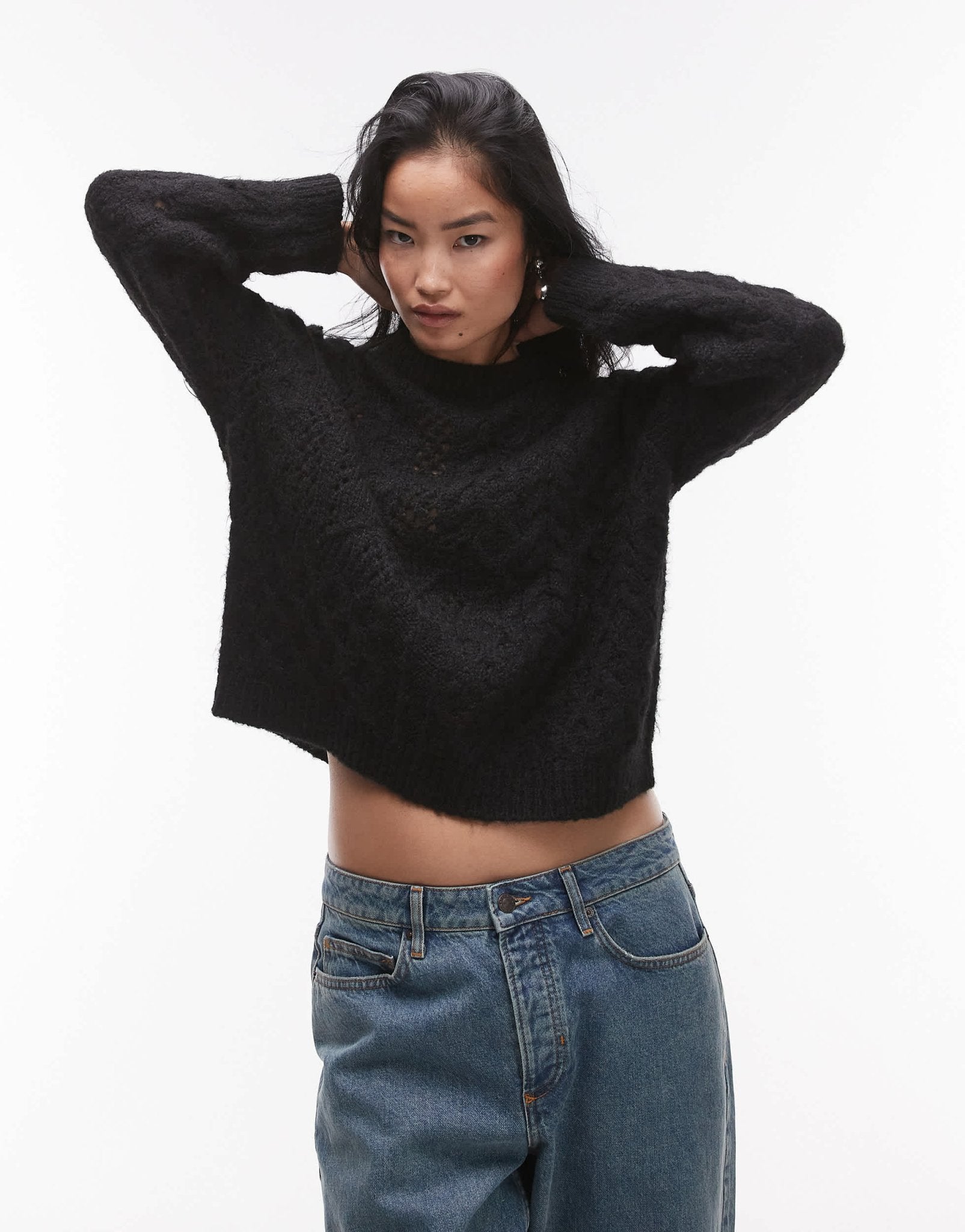 Topshop knitted lofty cable relaxed jumper in black - ASOS Sample Sale