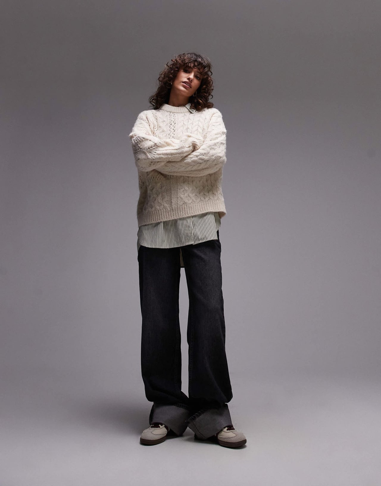Topshop knitted lofty cable relaxed jumper in ivory - ASOS Sample Sale