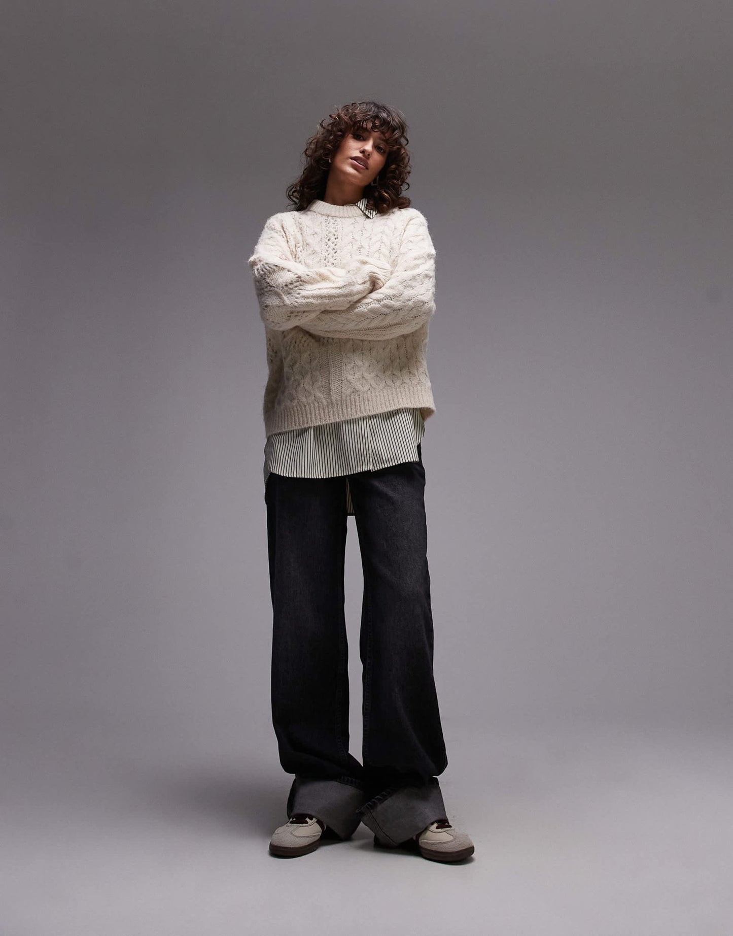 Topshop knitted lofty cable relaxed jumper in ivory - ASOS Sample Sale