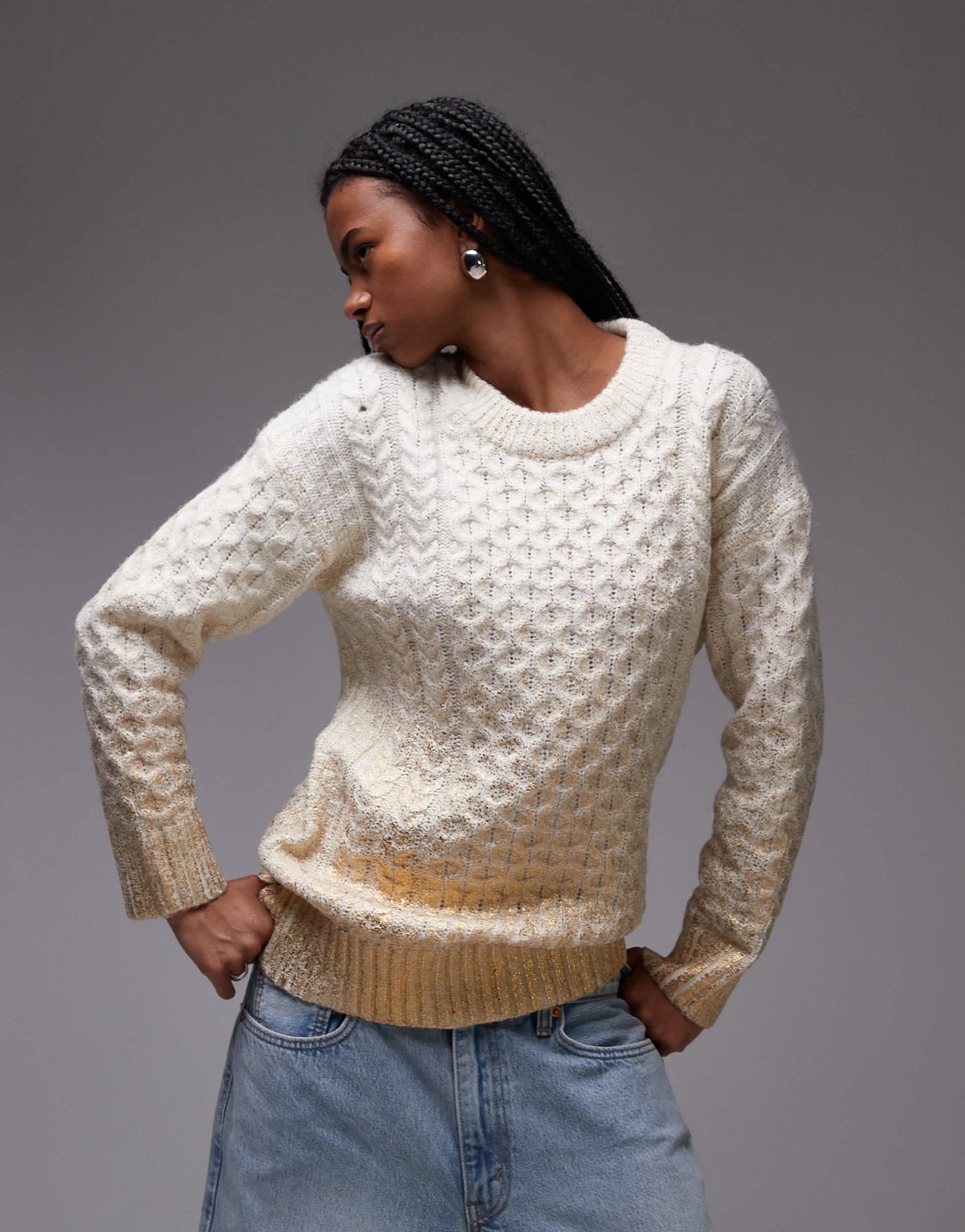 Topshop knitted metallic cable relaxed jumper in gold - ASOS Sample Sale