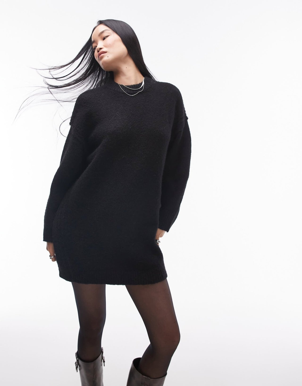 Topshop knitted oversized crew mini dress with exposed seam detail in black - ASOS Sample Sale