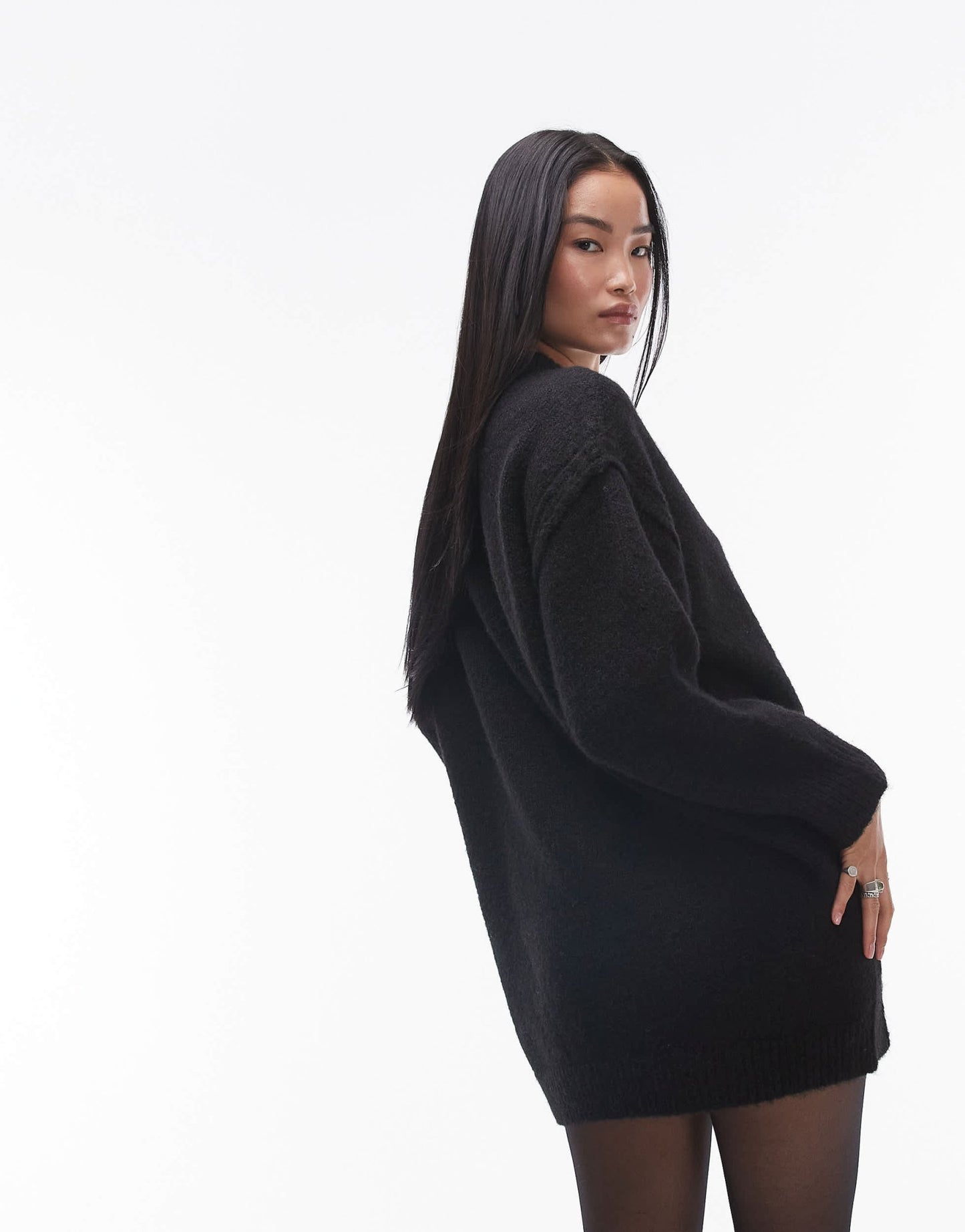 Topshop knitted oversized crew mini dress with exposed seam detail in black - ASOS Sample Sale