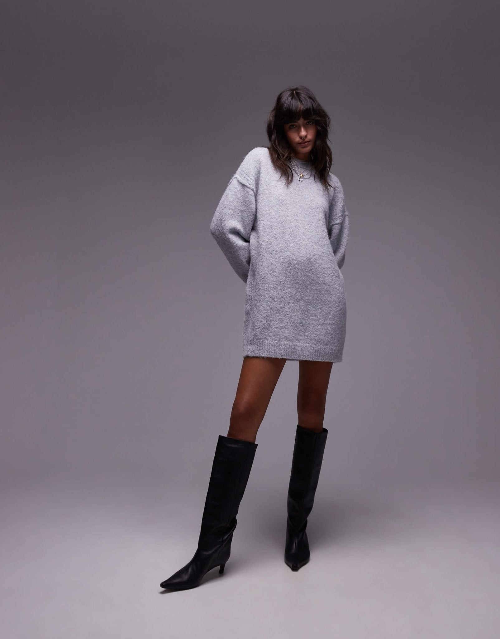 Topshop knitted oversized crew mini dress with exposed seam detail in grey - ASOS Sample Sale