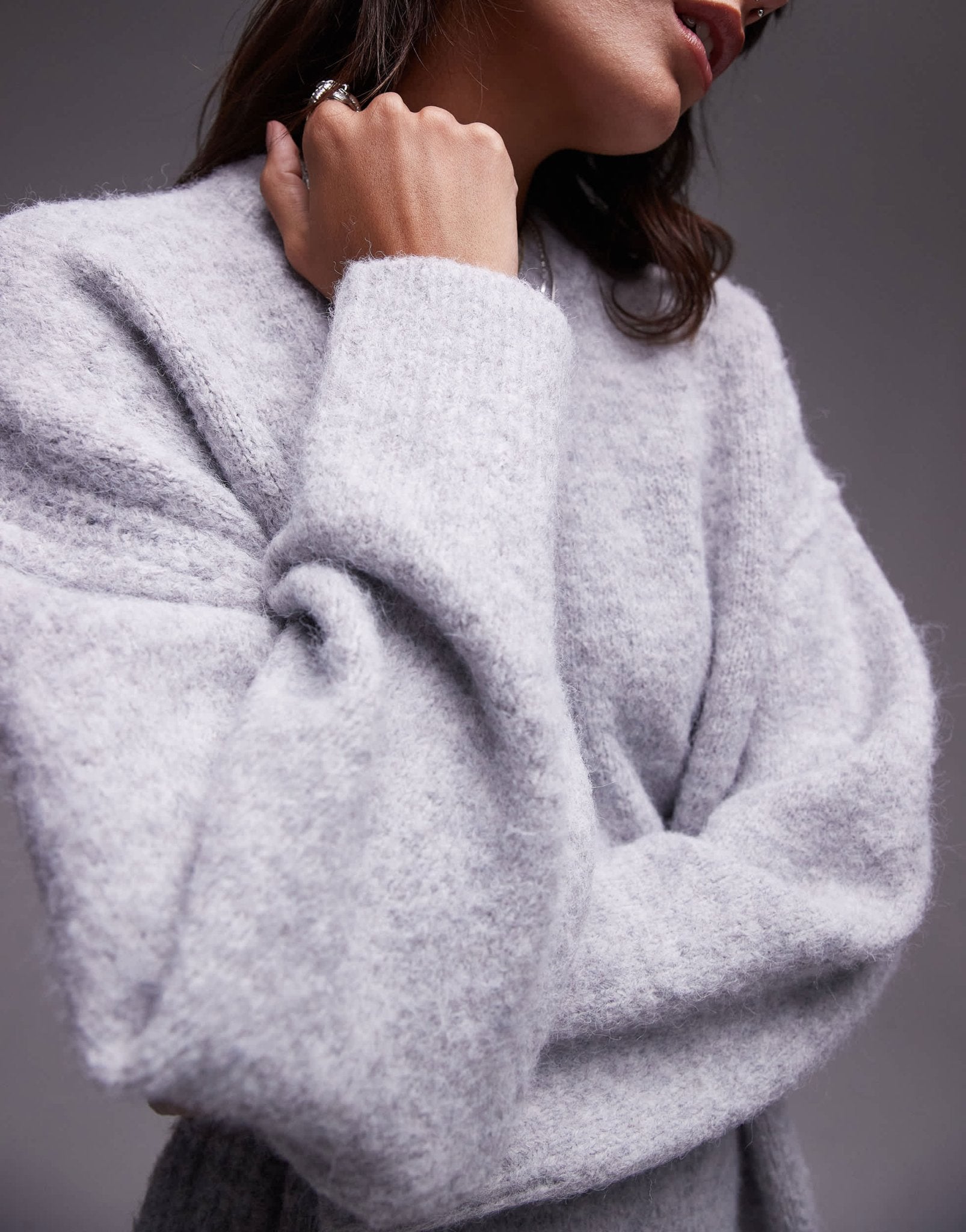 Topshop knitted oversized crew mini dress with exposed seam detail in grey - ASOS Sample Sale