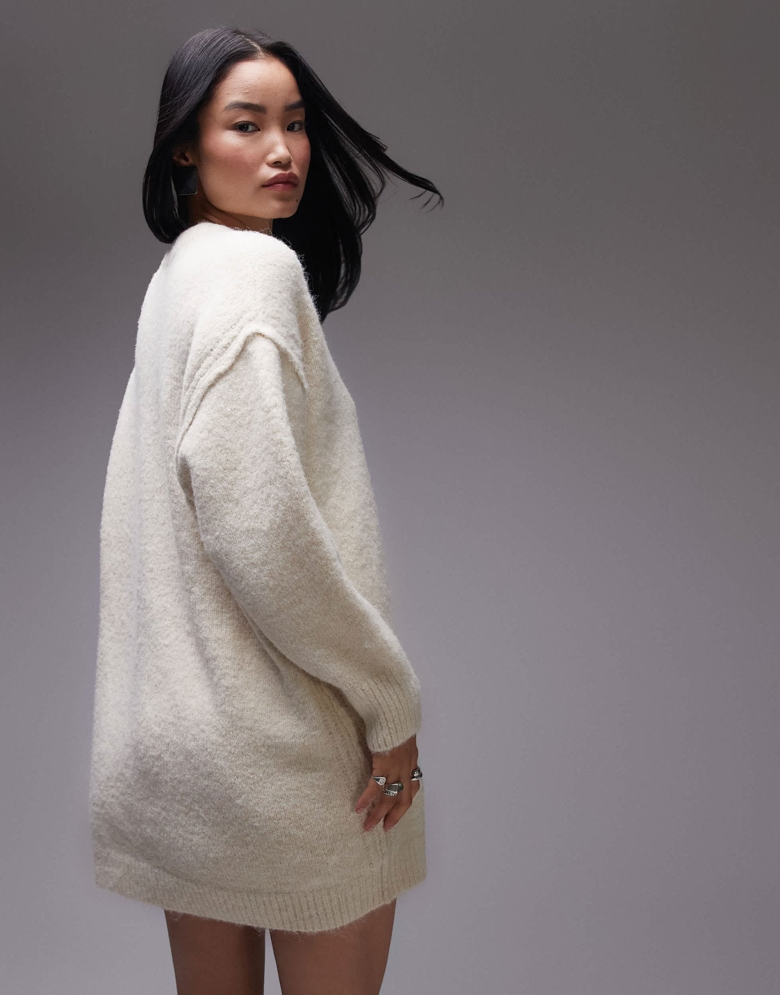 Topshop knitted oversized crew mini dress with exposed seam detail in ivory - ASOS Sample Sale