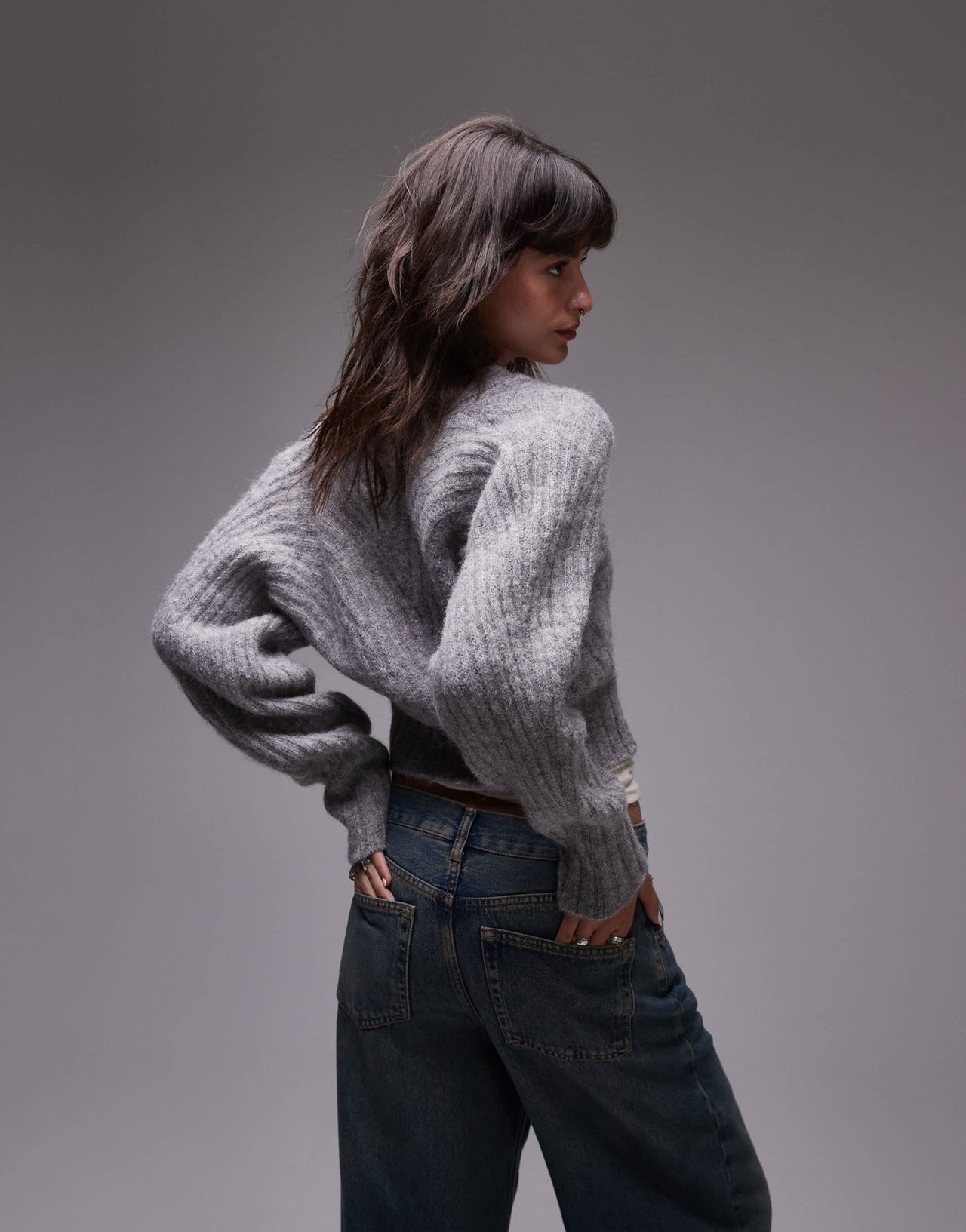 Topshop knitted ovoid sleeve v - neck cardigan in grey - ASOS Sample Sale