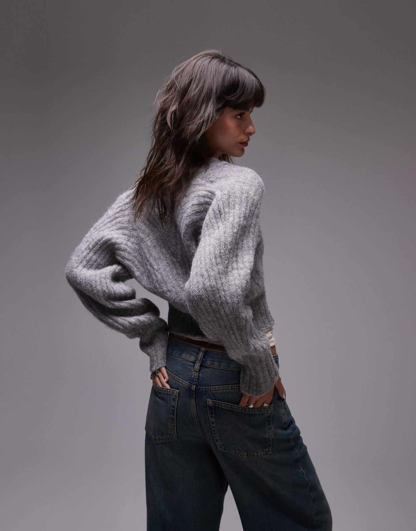 Topshop knitted ovoid sleeve v - neck cardigan in grey - ASOS Sample Sale
