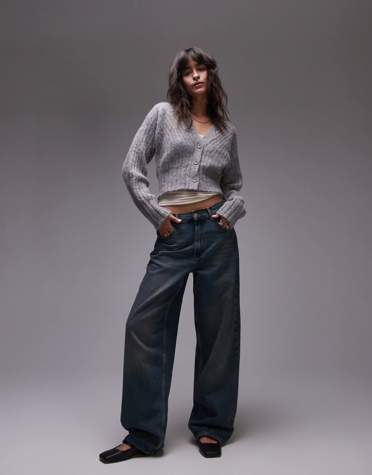 Topshop knitted ovoid sleeve v - neck cardigan in grey - ASOS Sample Sale