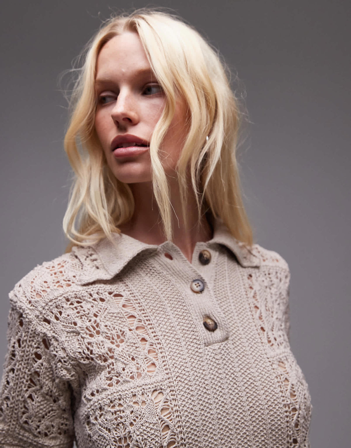 Topshop knitted pointelle stitch polo top in cream - ASOS Sample Sale