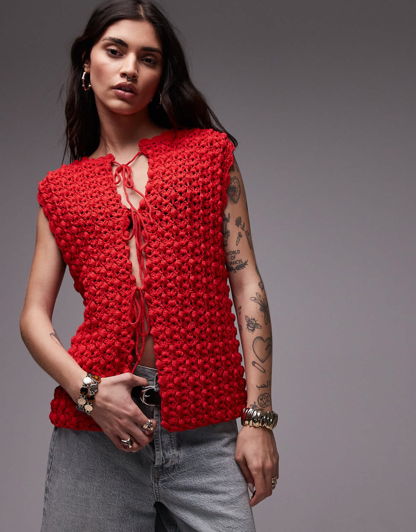 Topshop knitted premium hand knit tie waistcoat in red - ASOS Sample Sale