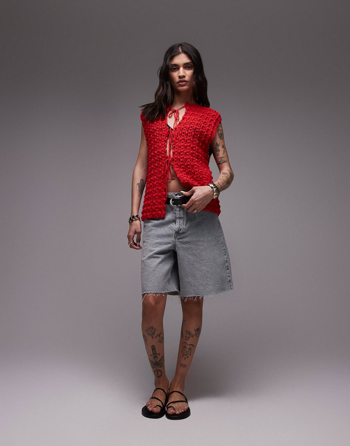 Topshop knitted premium hand knit tie waistcoat in red - ASOS Sample Sale
