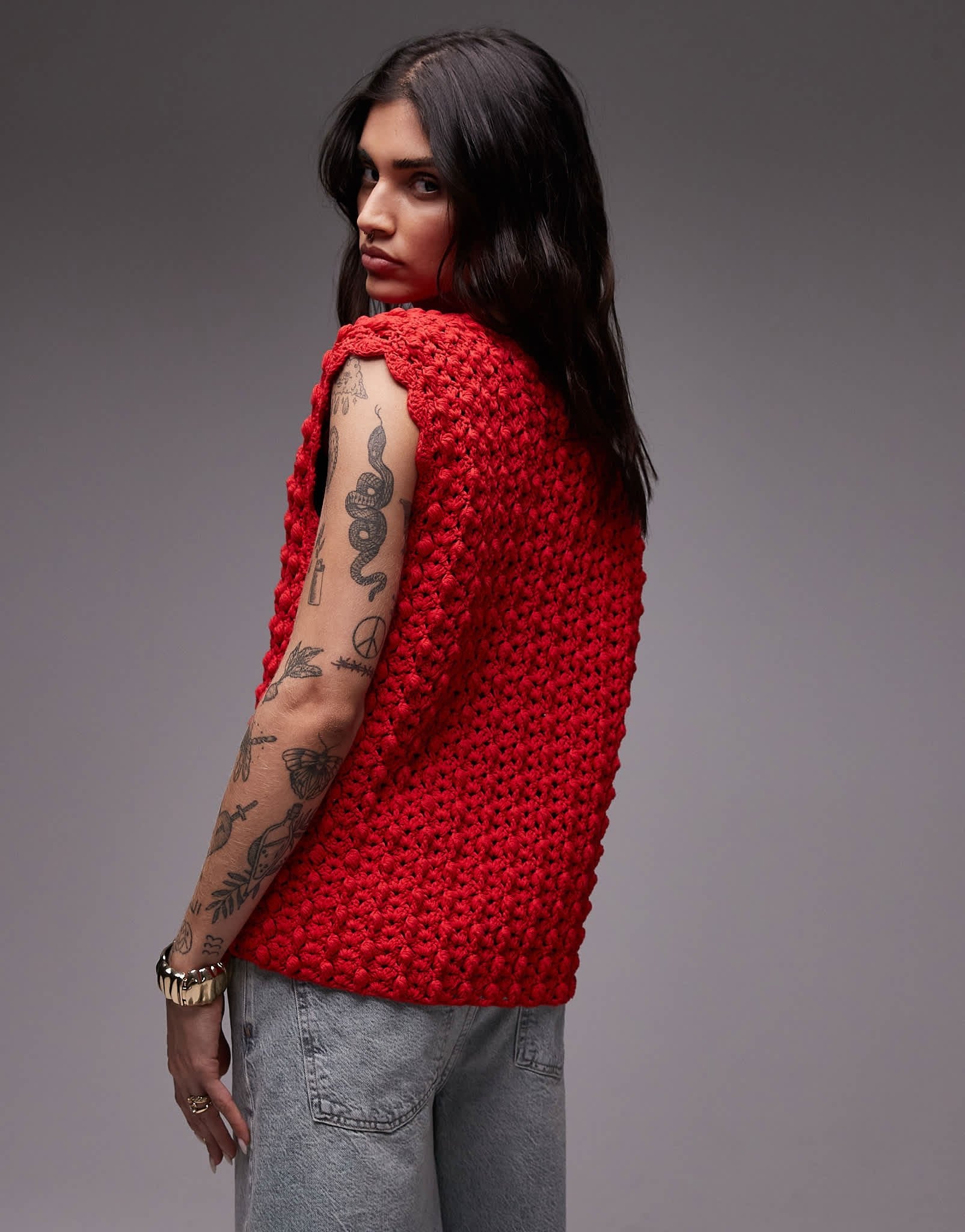 Topshop knitted premium hand knit tie waistcoat in red - ASOS Sample Sale