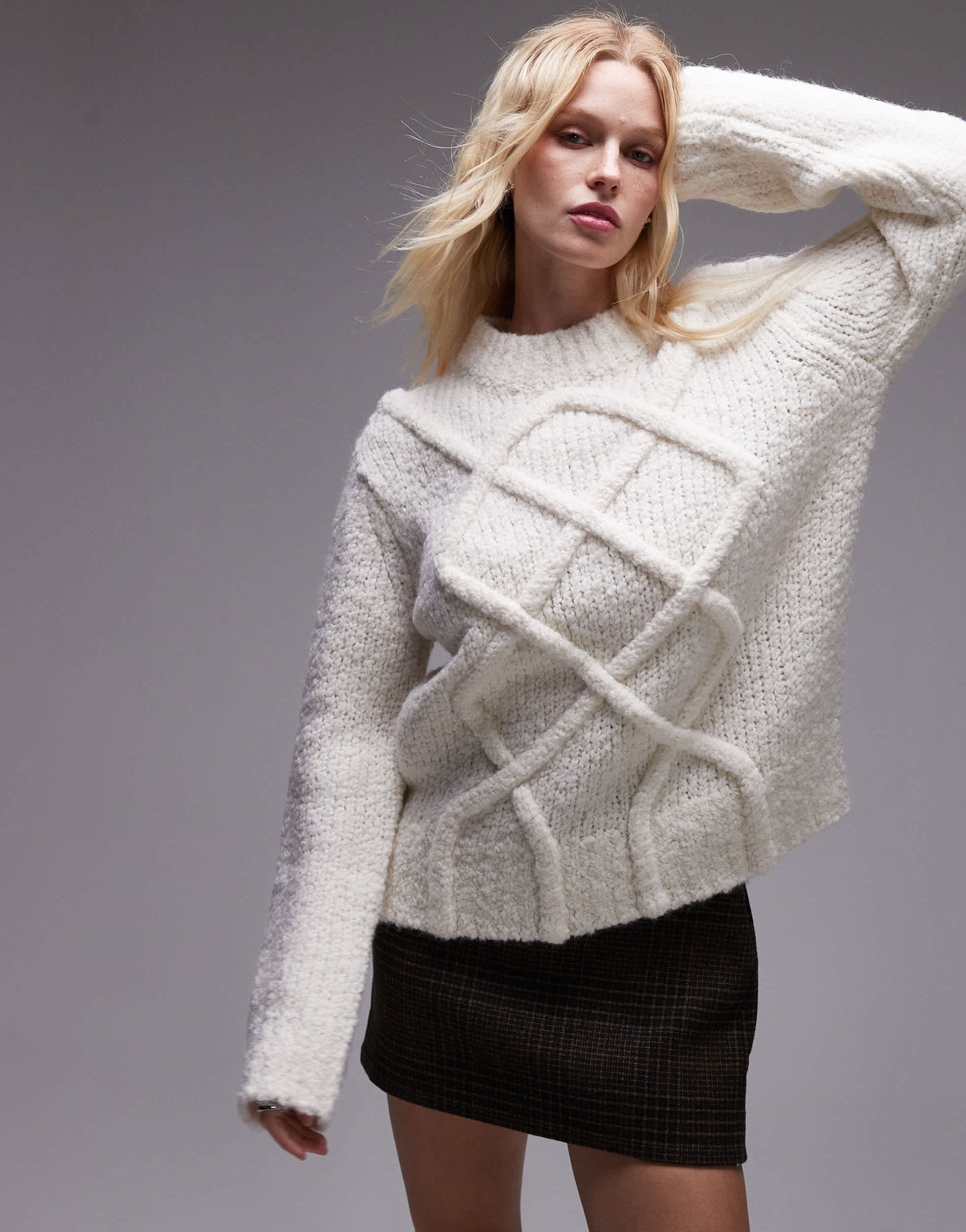 Topshop knitted premium pretzel cable oversized jumper in ivory - ASOS Sample Sale