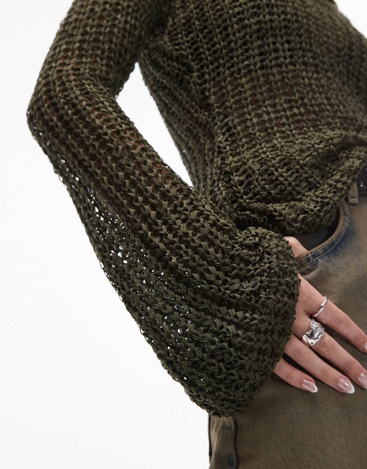 Topshop knitted scoop neck open stitch top in green - ASOS Sample Sale