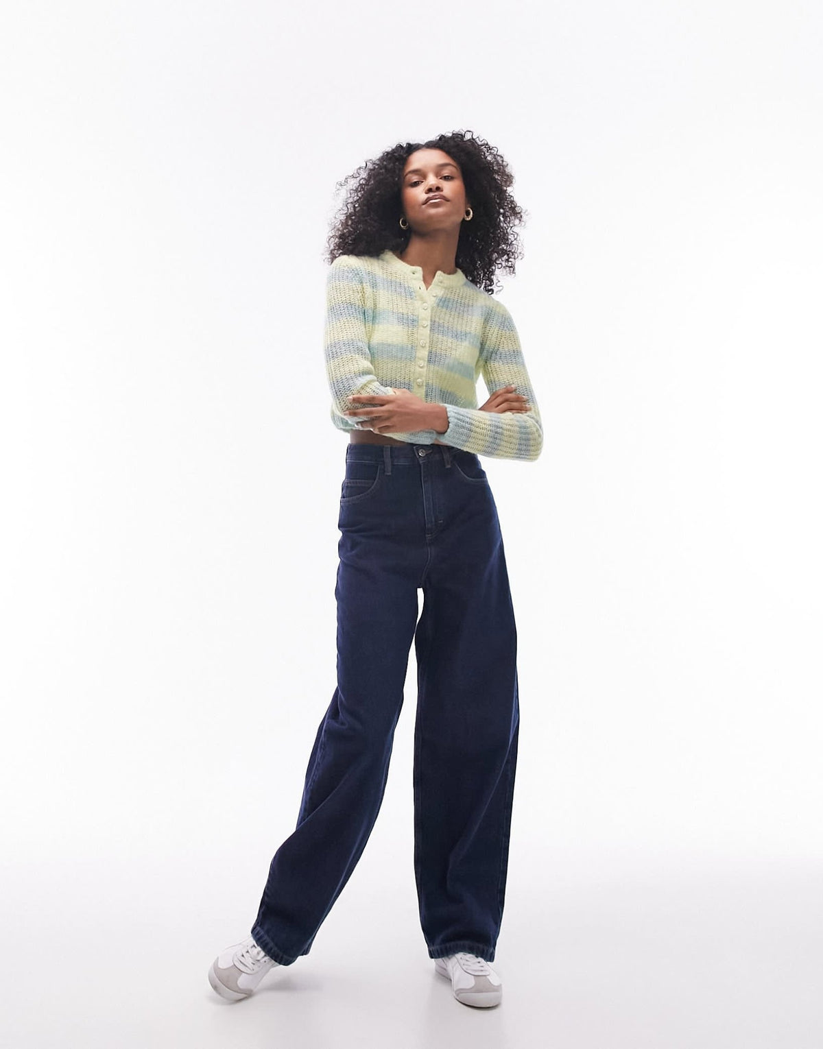 Topshop knitted sheer stripe cardi in green - ASOS Sample Sale