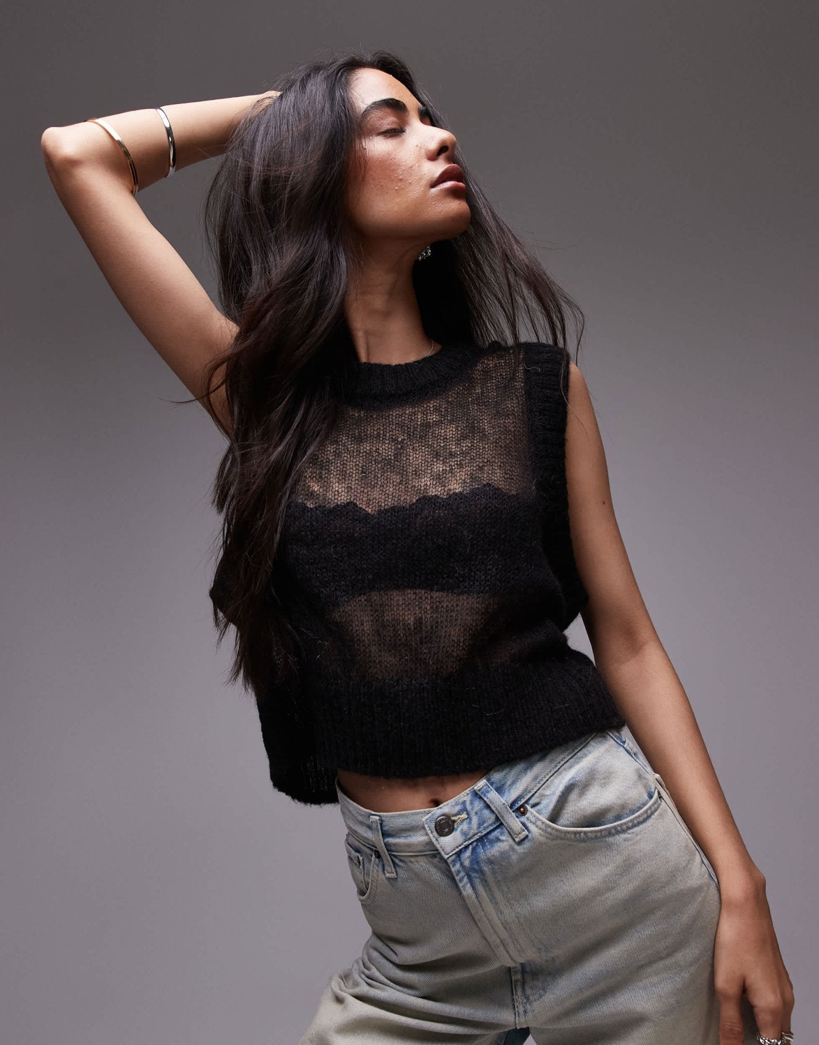 Topshop knitted sheer tank in black - ASOS Sample Sale