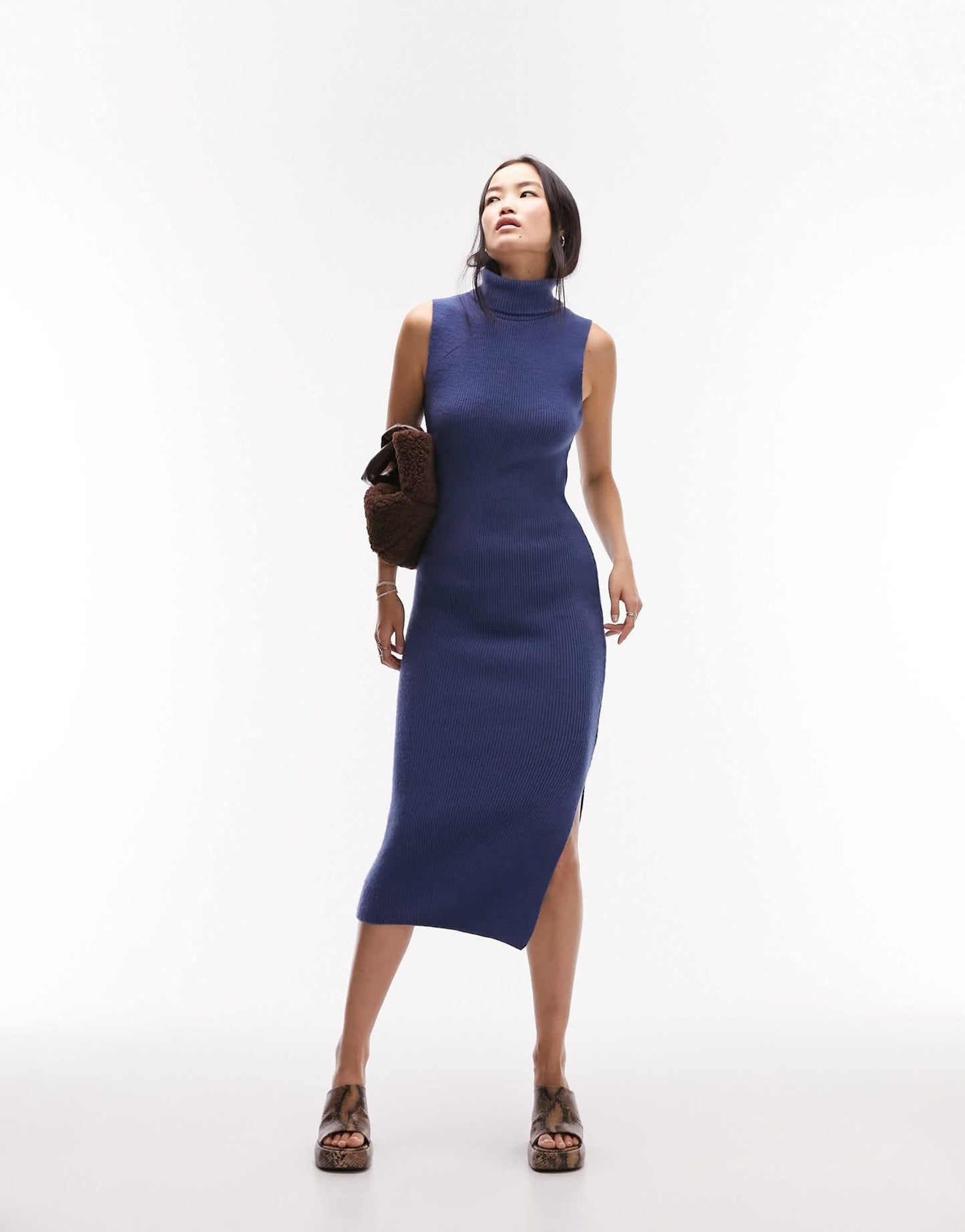 Topshop knitted sleeveless funnel midi dress in navy - ASOS Sample Sale