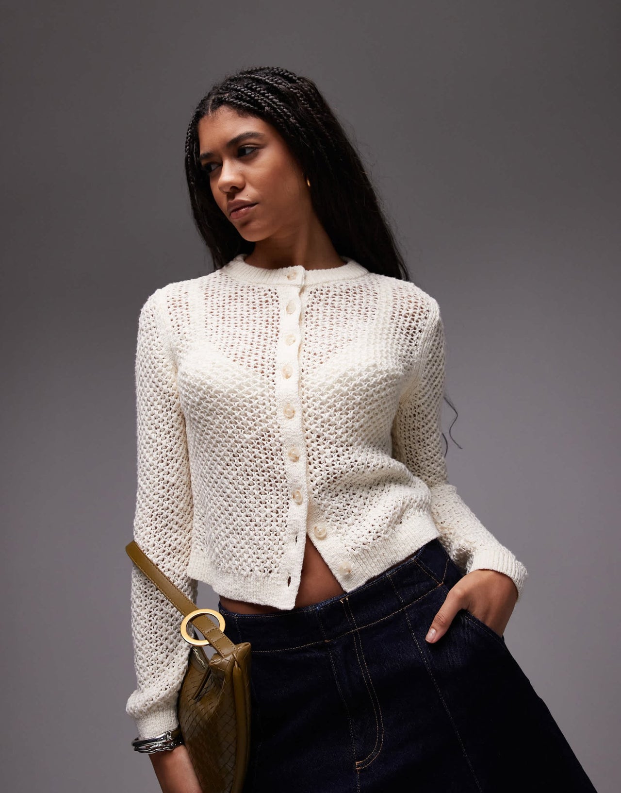 Topshop knitted stichy cardi in buttermilk - ASOS Sample Sale